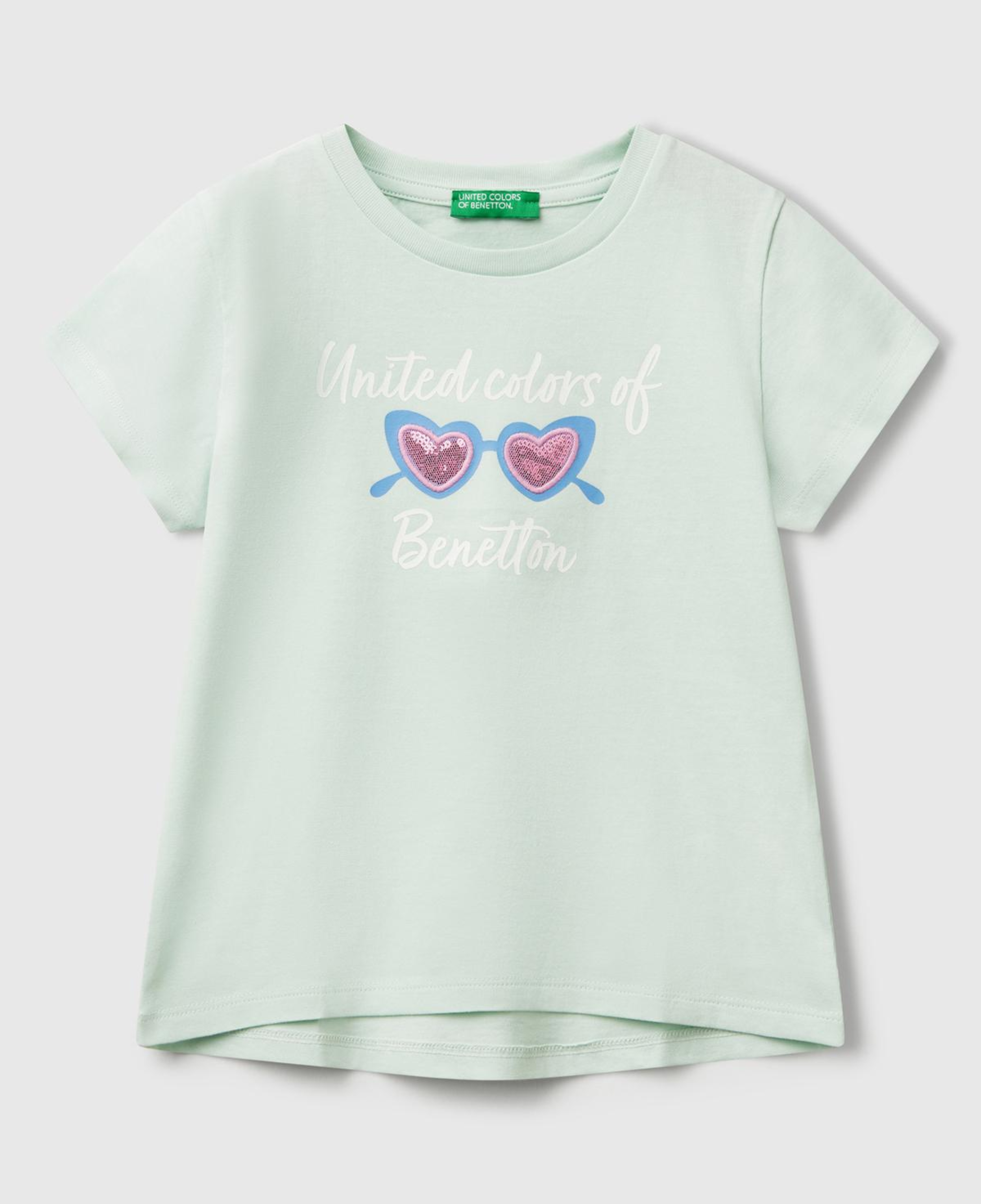 Kız Çocuk Su Yeşili Simli Benetton Logo Baskılı T-Shirt