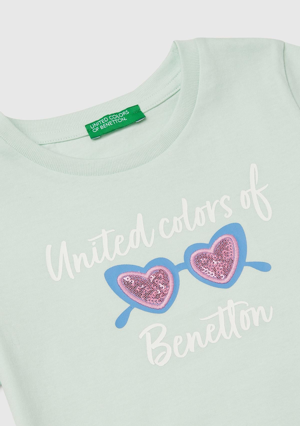 Kız Çocuk Su Yeşili Simli Benetton Logo Baskılı T-Shirt