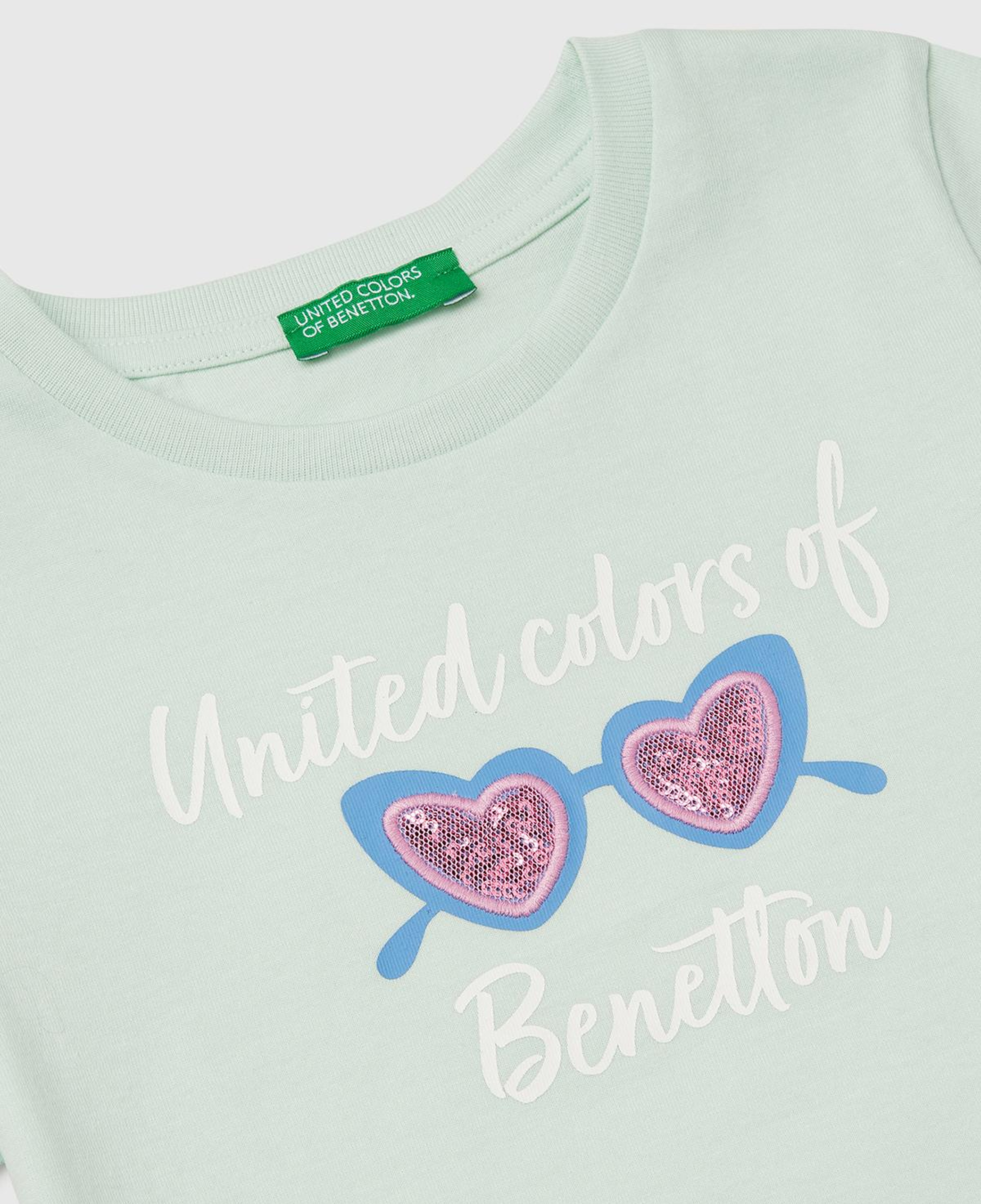 Kız Çocuk Su Yeşili Simli Benetton Logo Baskılı T-Shirt
