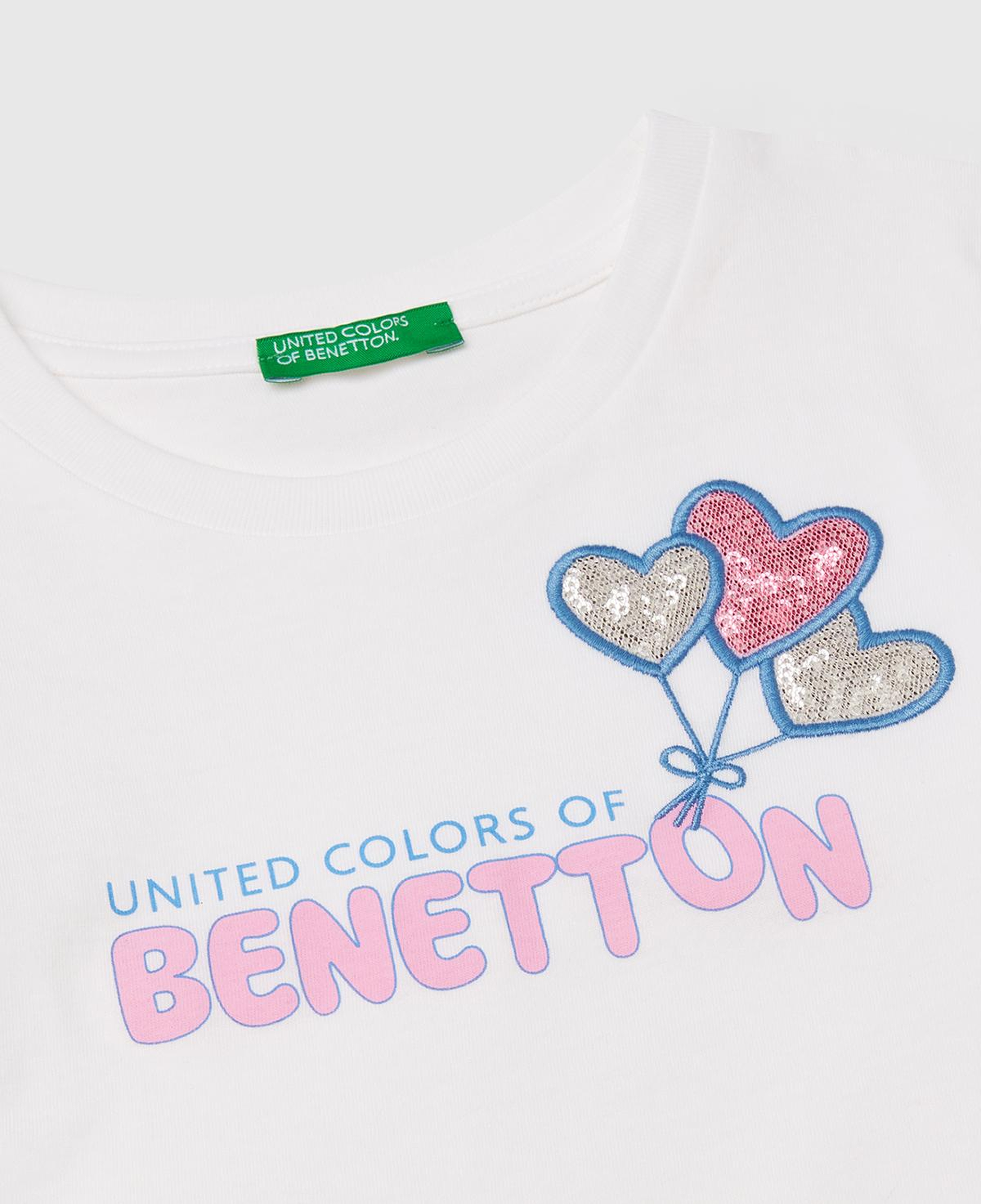Kız Çocuk Beyaz Simli Benetton Logo Baskılı T-Shirt