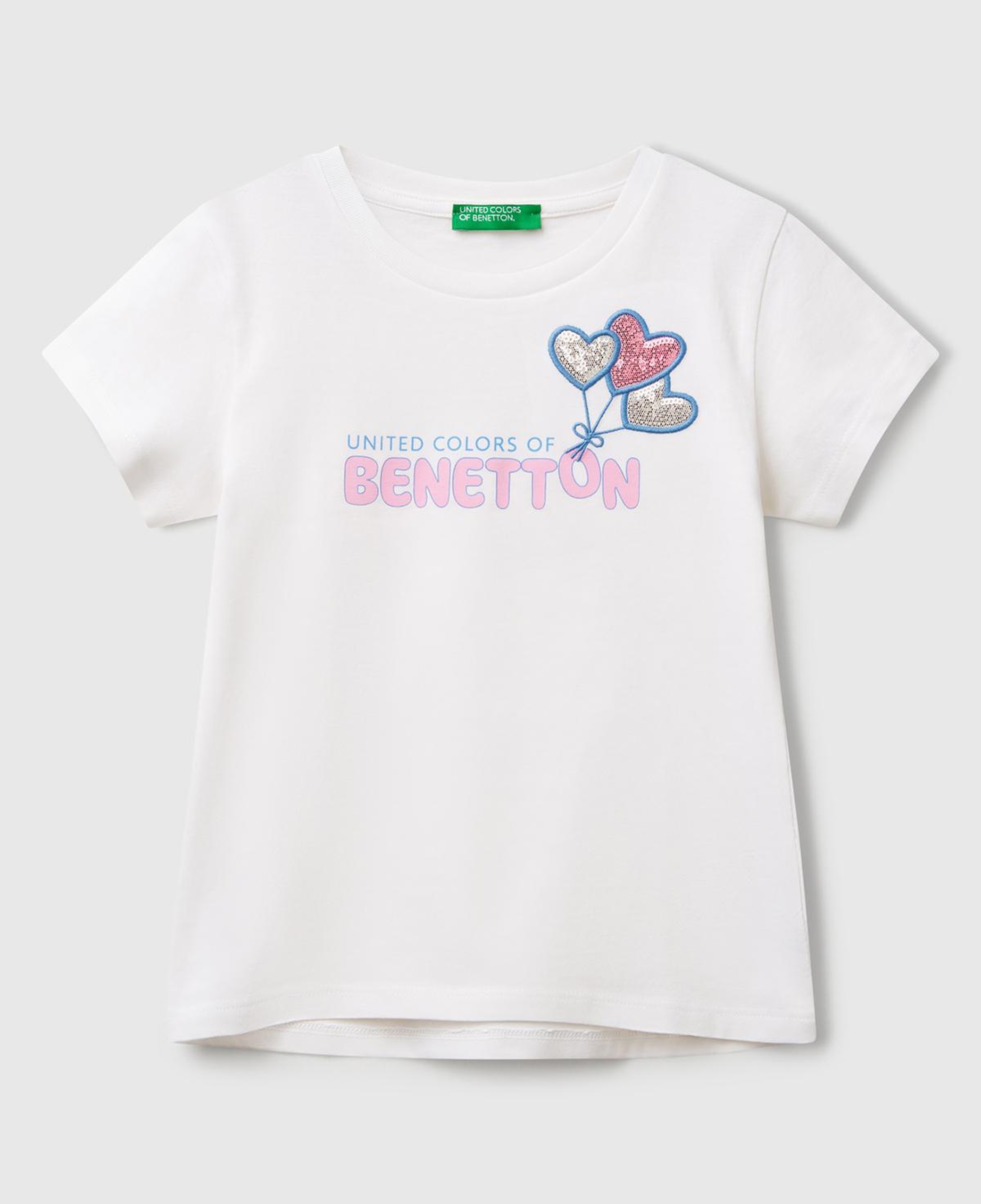 Kız Çocuk Beyaz Simli Benetton Logo Baskılı T-Shirt