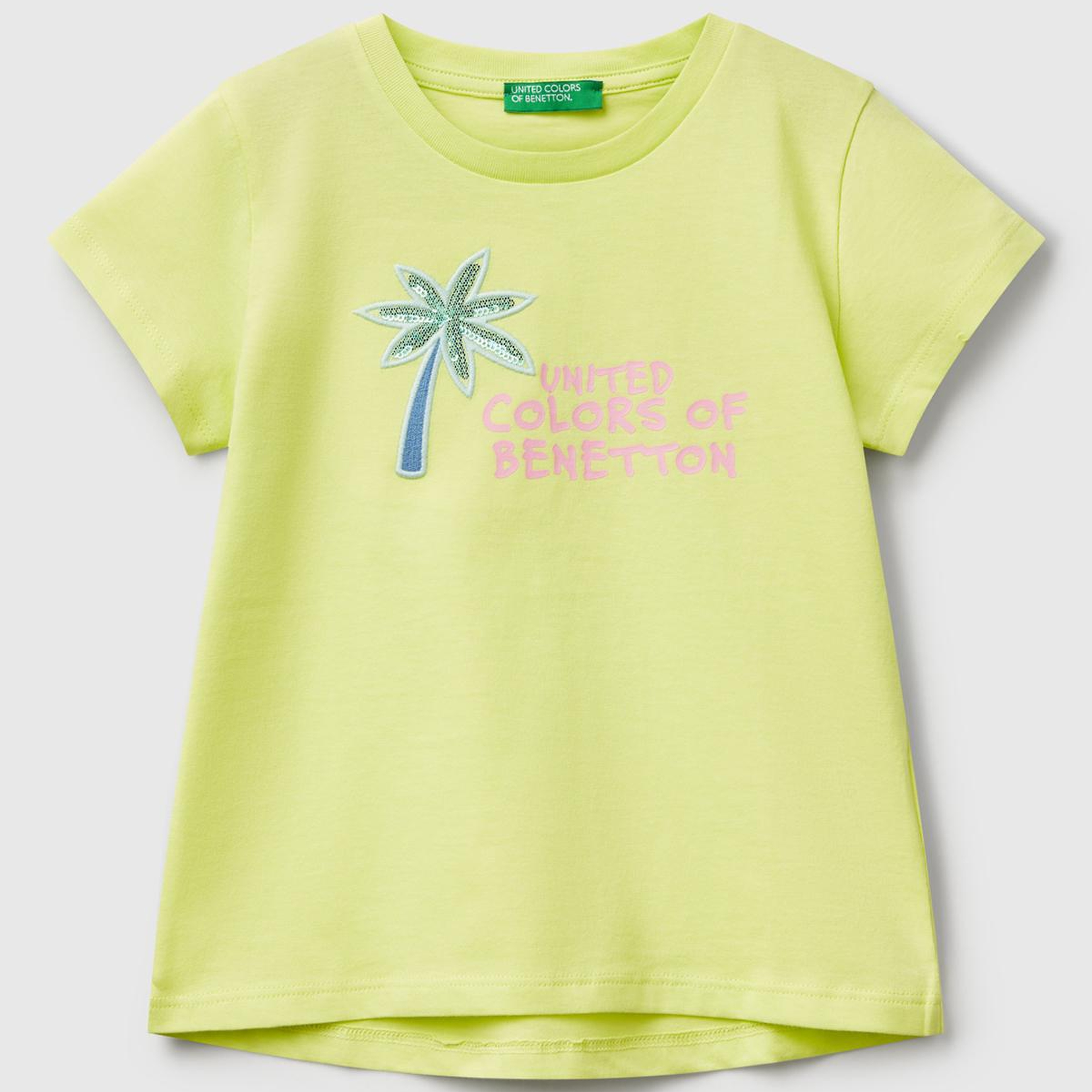 Kız Çocuk Sarı Simli Benetton Logo Baskılı T-Shirt