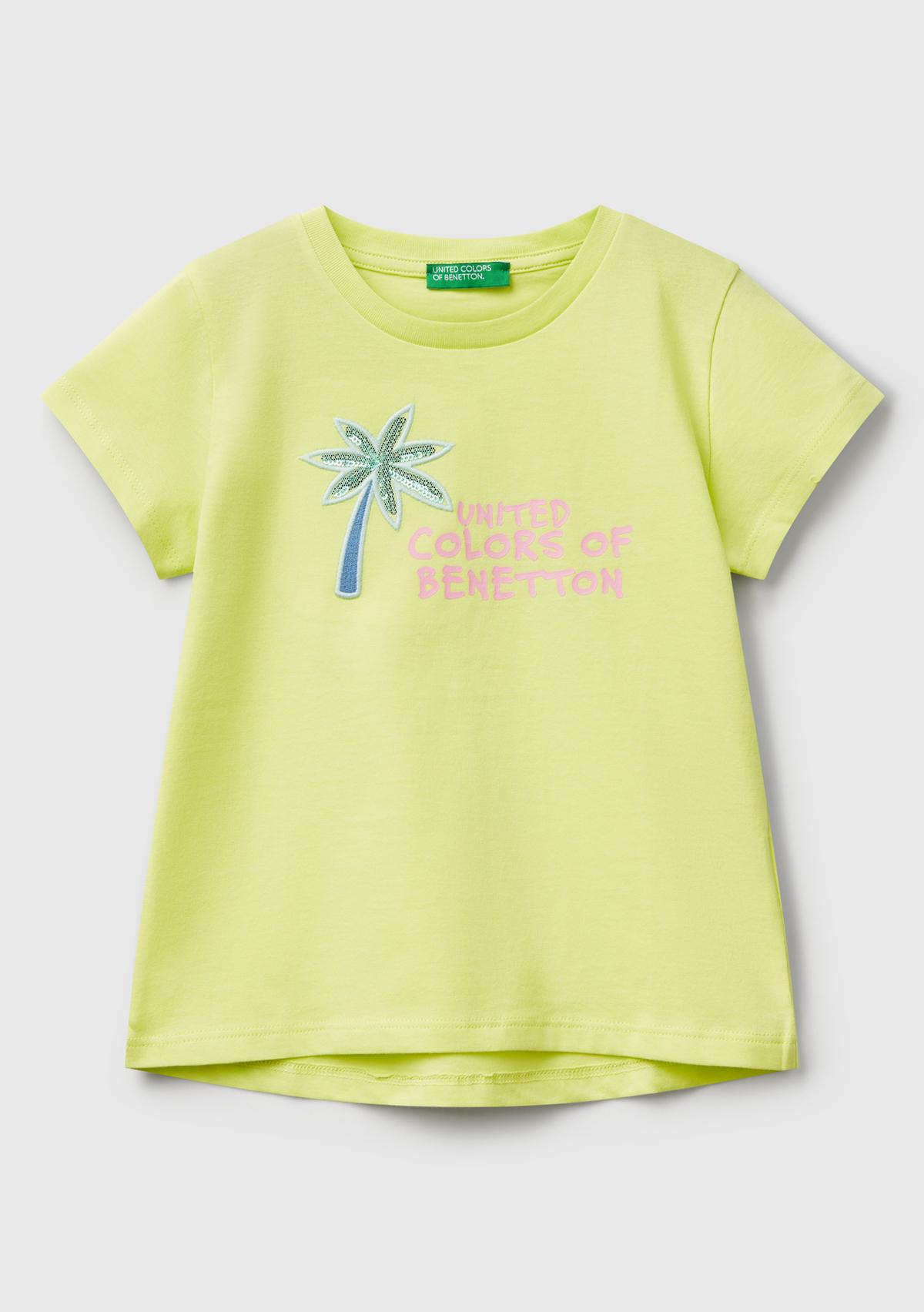 Kız Çocuk Sarı Simli Benetton Logo Baskılı T-Shirt