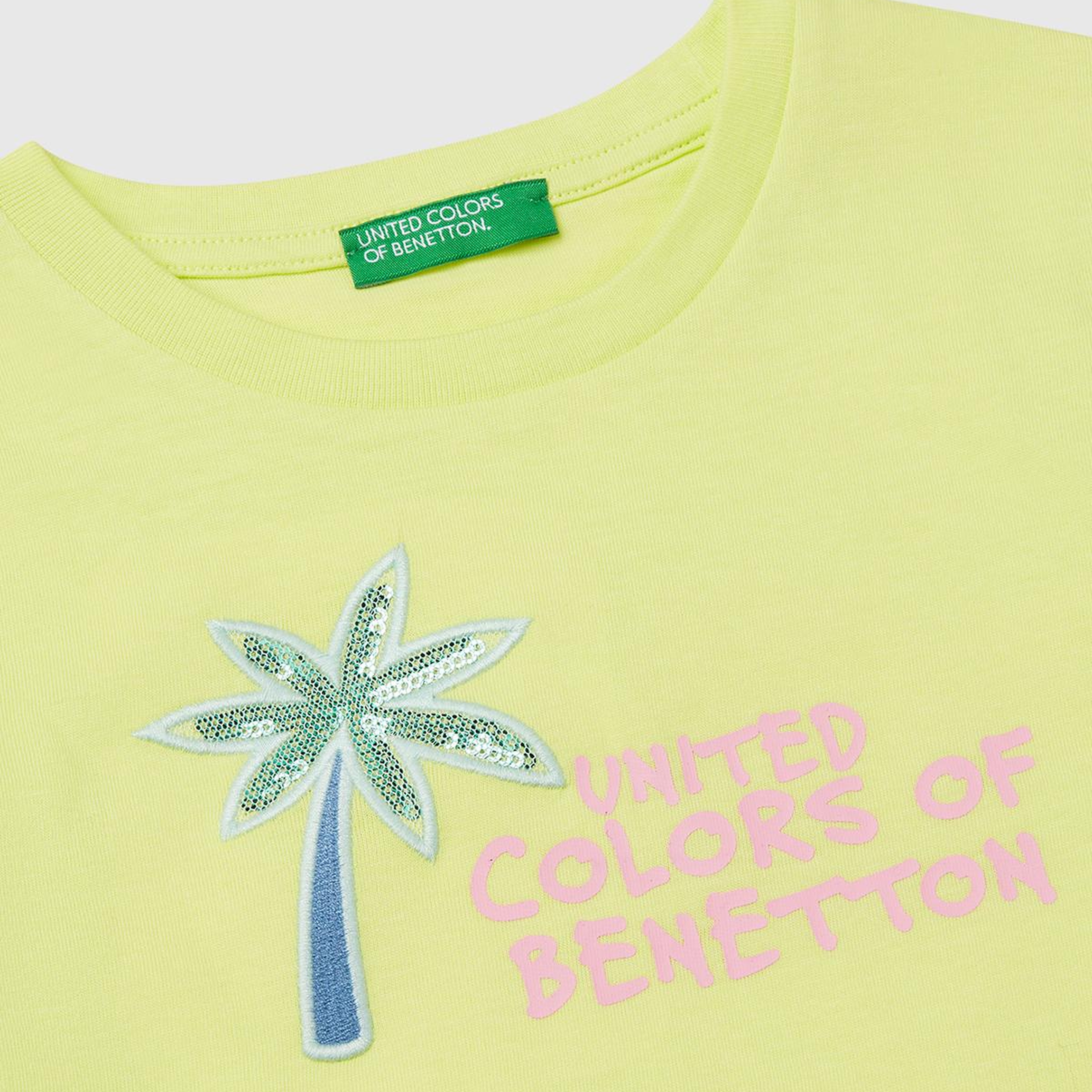 Kız Çocuk Sarı Simli Benetton Logo Baskılı T-Shirt