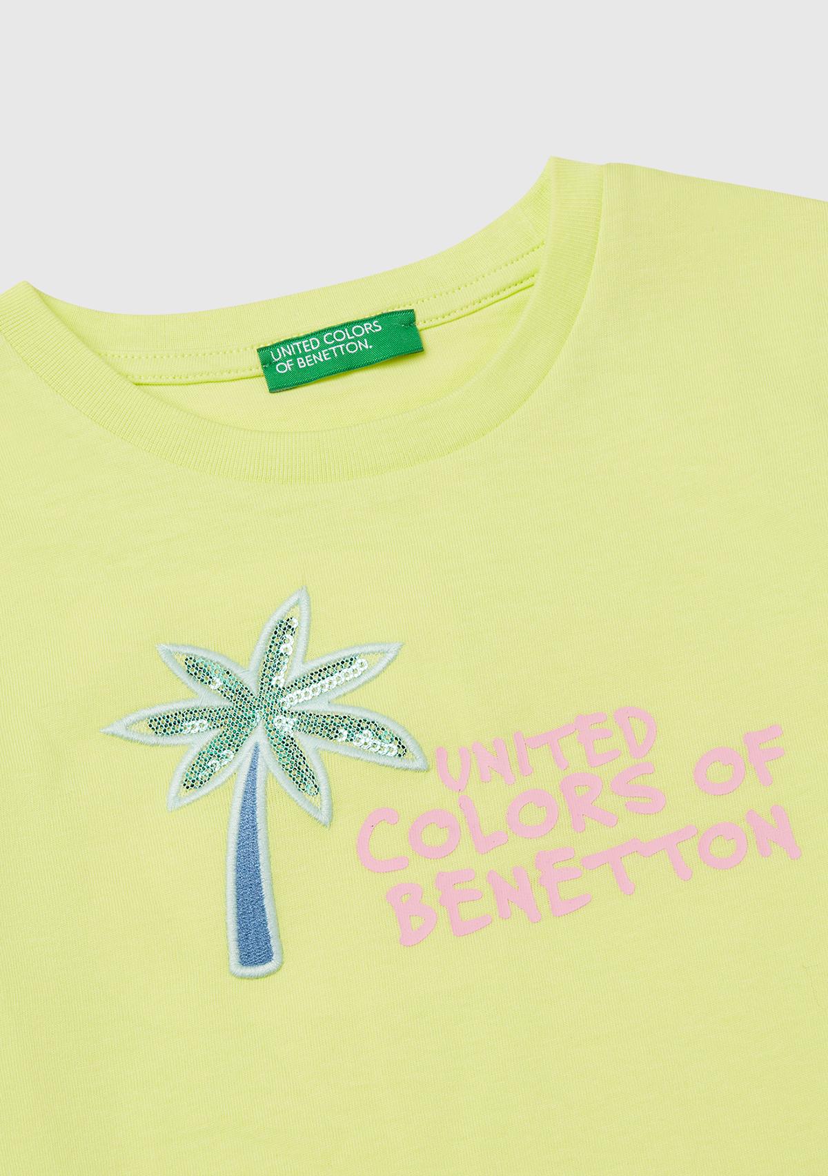 Kız Çocuk Sarı Simli Benetton Logo Baskılı T-Shirt