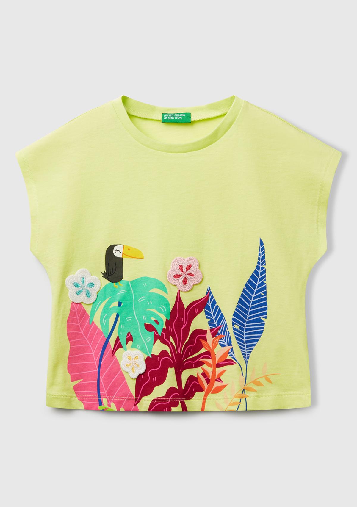 Kız Çocuk Sarı Kroşe Detaylı Kimono Kollu T-Shirt