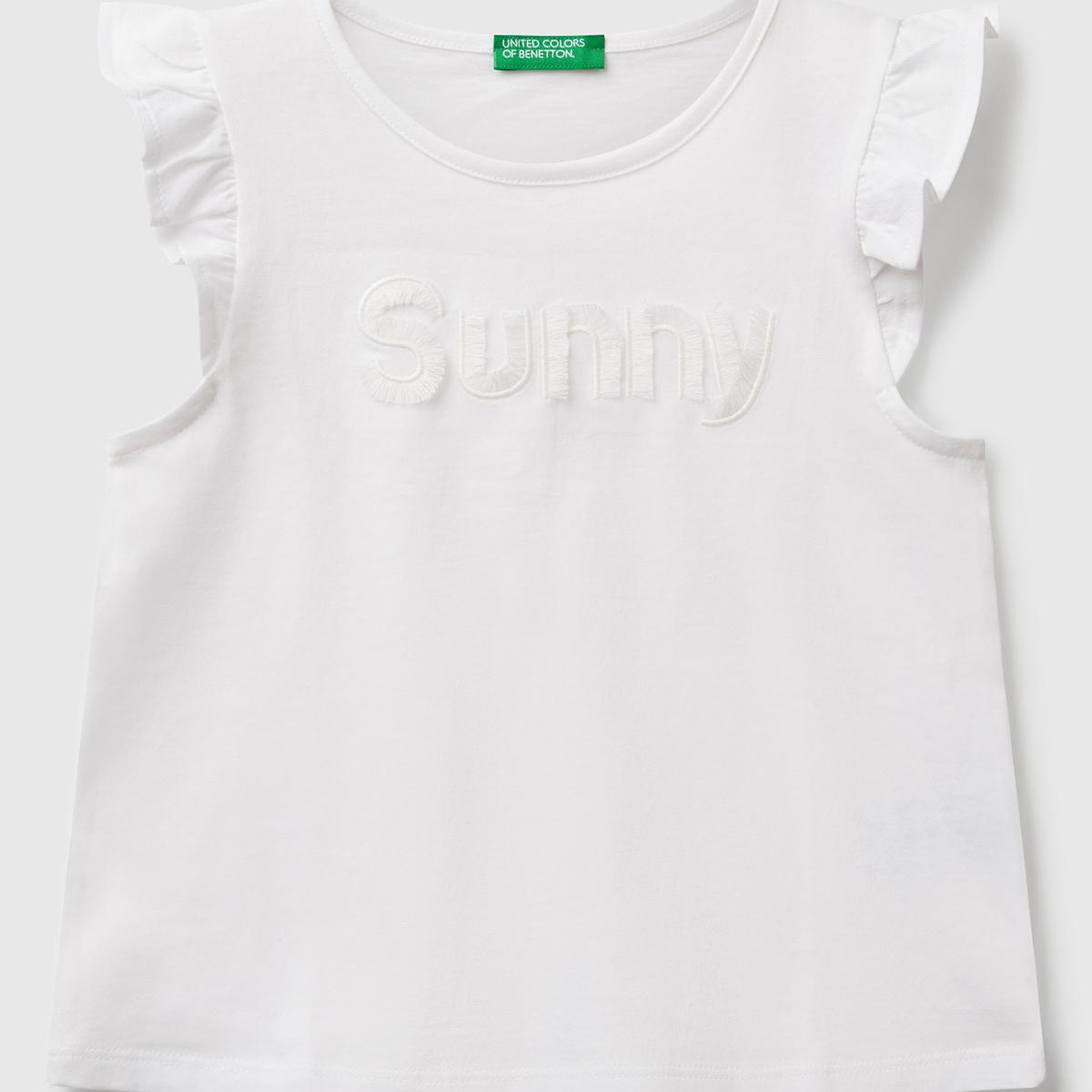 Kız Çocuk Beyaz Önü Baskılı Pile Kollu T-Shirt