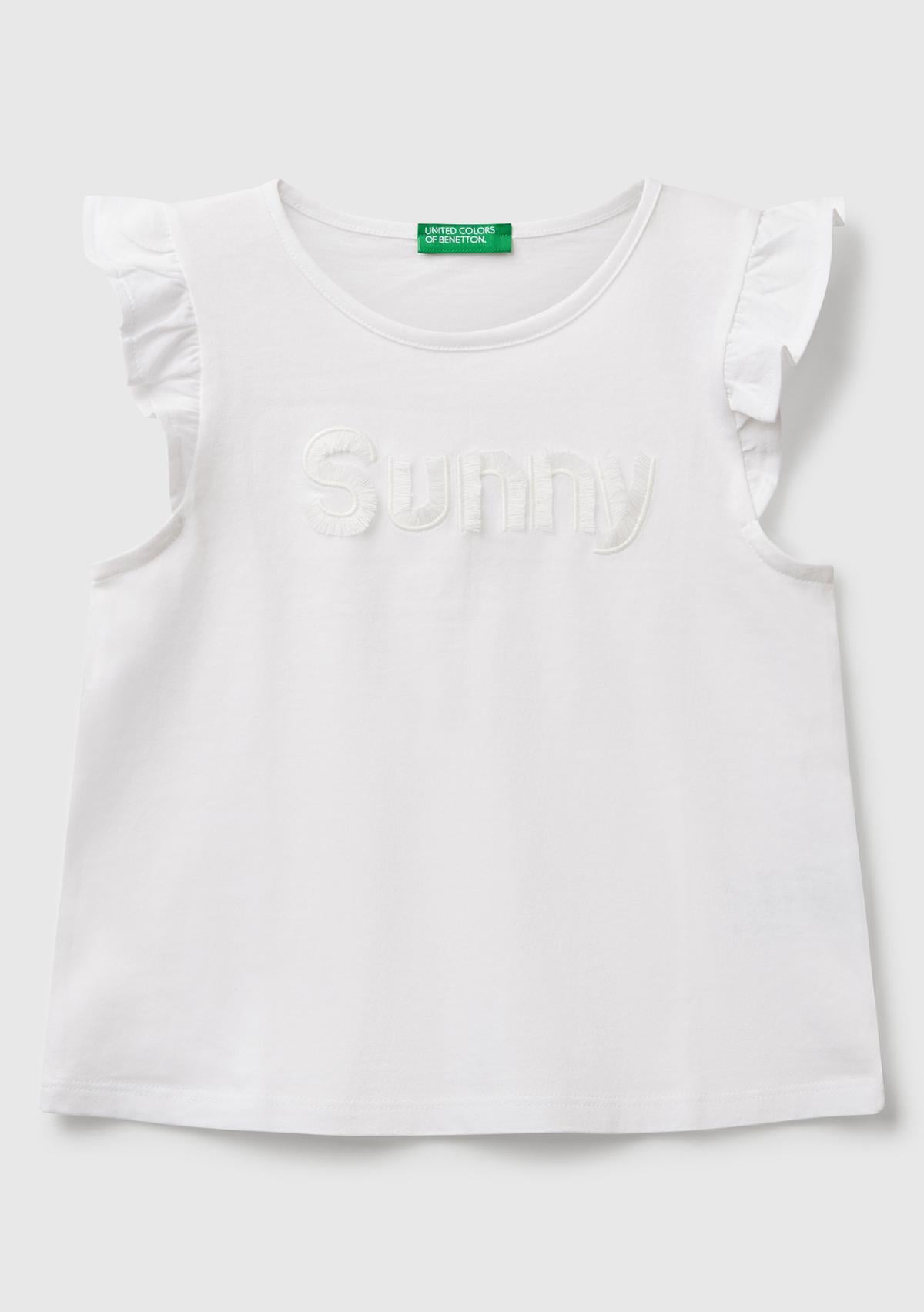 Kız Çocuk Beyaz Önü Baskılı Pile Kollu T-Shirt