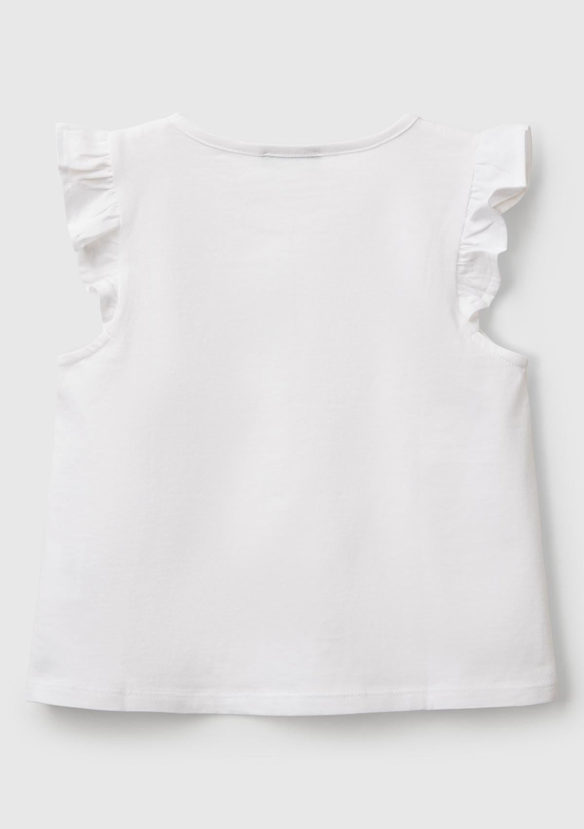 Kız Çocuk Beyaz Önü Baskılı Pile Kollu T-Shirt