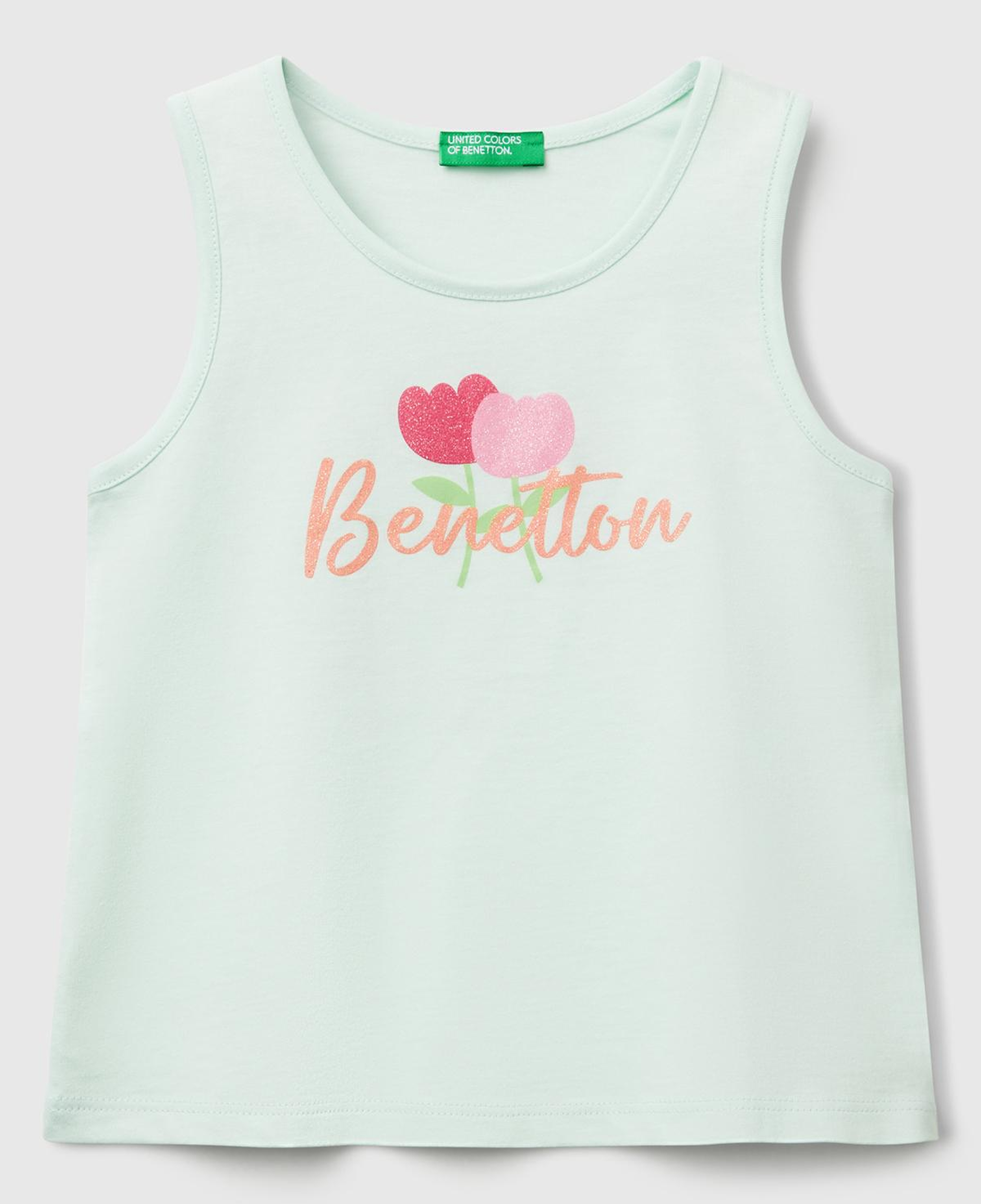 Kız Çocuk Su Yeşili Simli Benetton Logo Baskılı Atlet