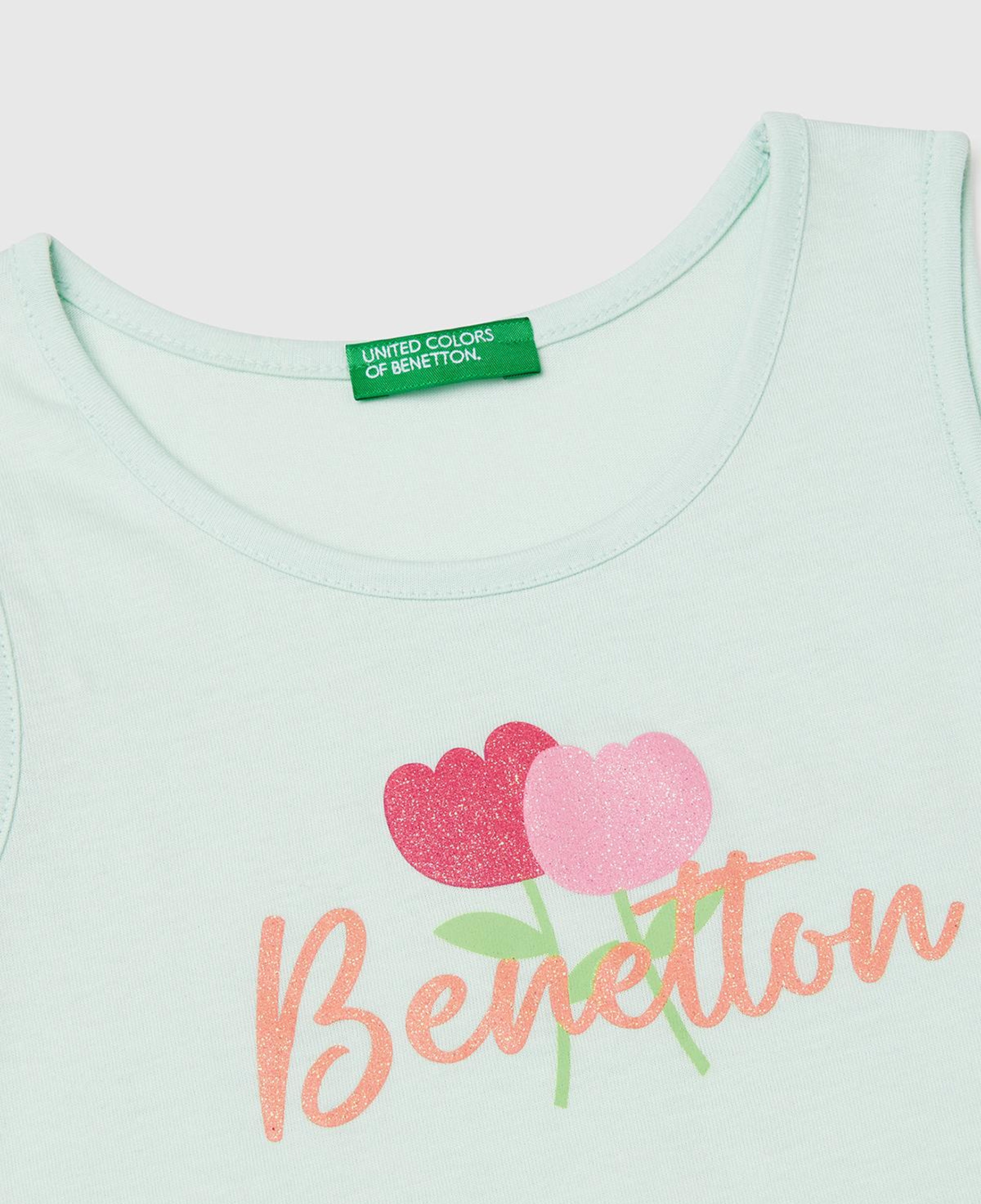 Kız Çocuk Su Yeşili Simli Benetton Logo Baskılı Atlet