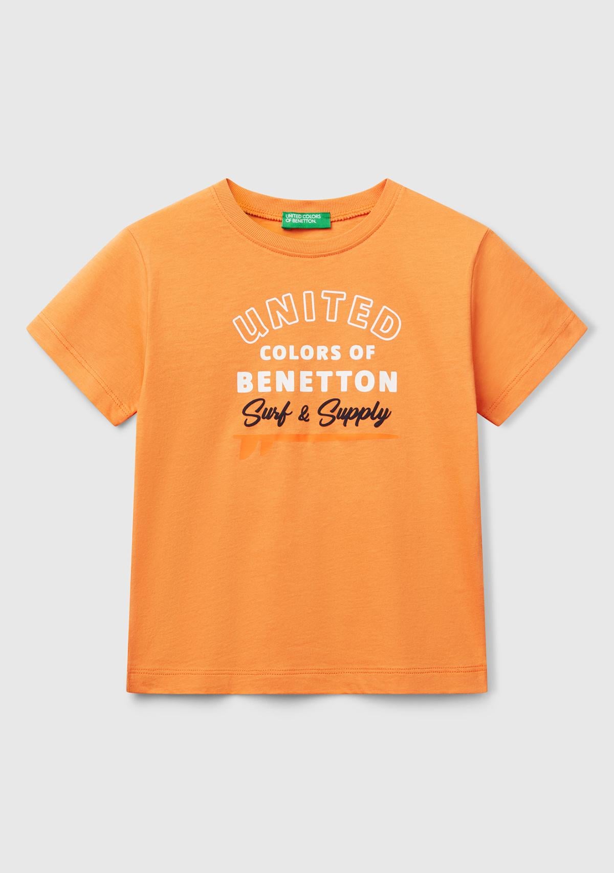 Erkek Çocuk Turuncu Benetton Logo Baskılı T-Shirt