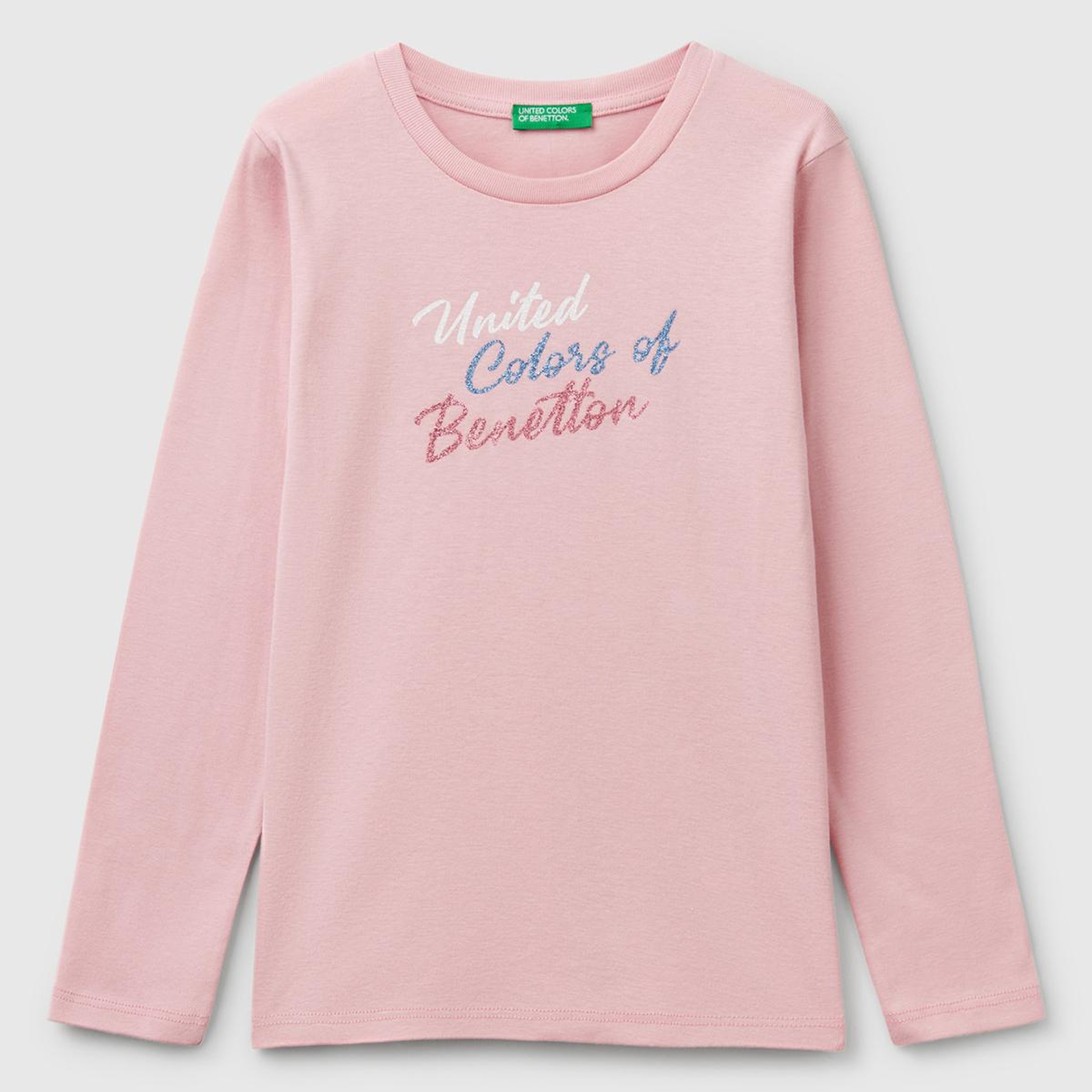 Kız Çocuk Pembe Simli Benetton Logo Baskılı T-Shirt