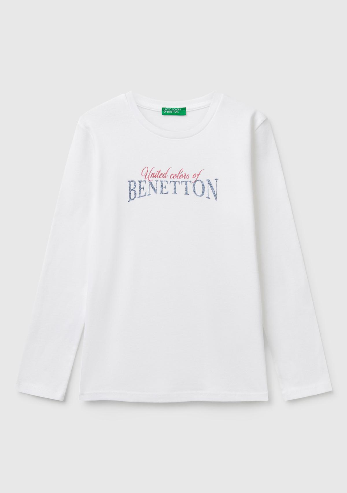 Kız Çocuk Beyaz Simli Benetton Logo Baskılı T-Shirt