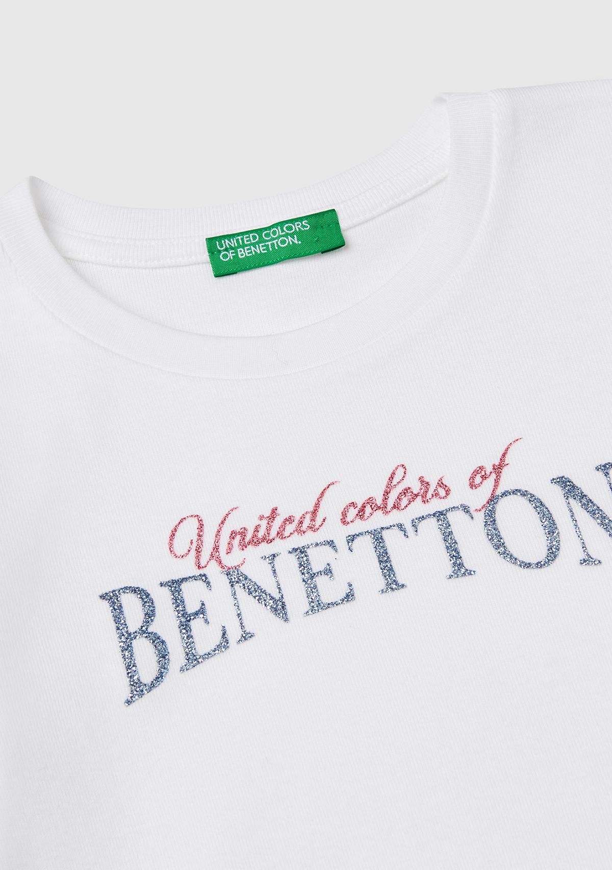 Kız Çocuk Beyaz Simli Benetton Logo Baskılı T-Shirt