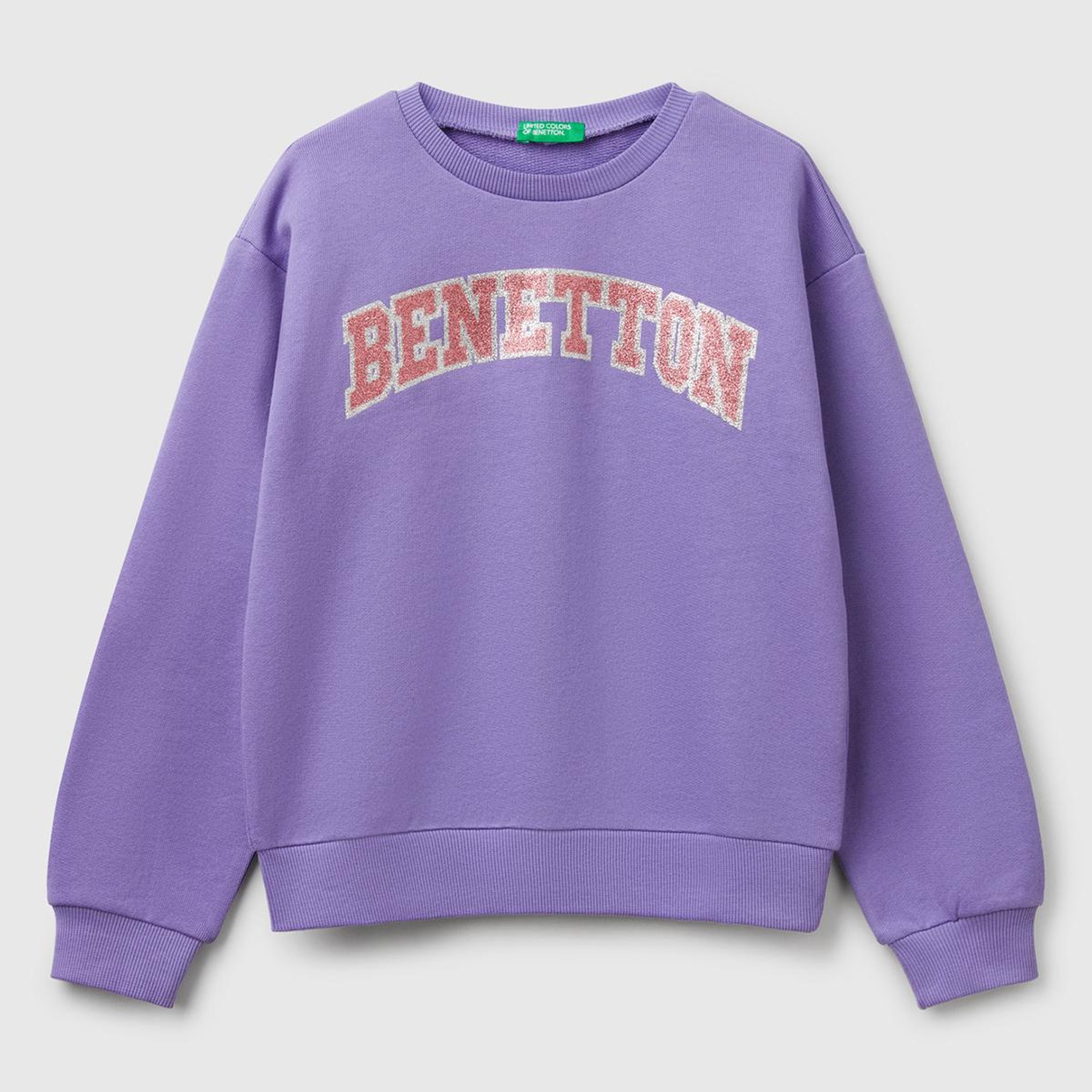 Kız Çocuk Mor Simli Benetton Logo Baskılı Bisiklet Yaka Sweatshirt