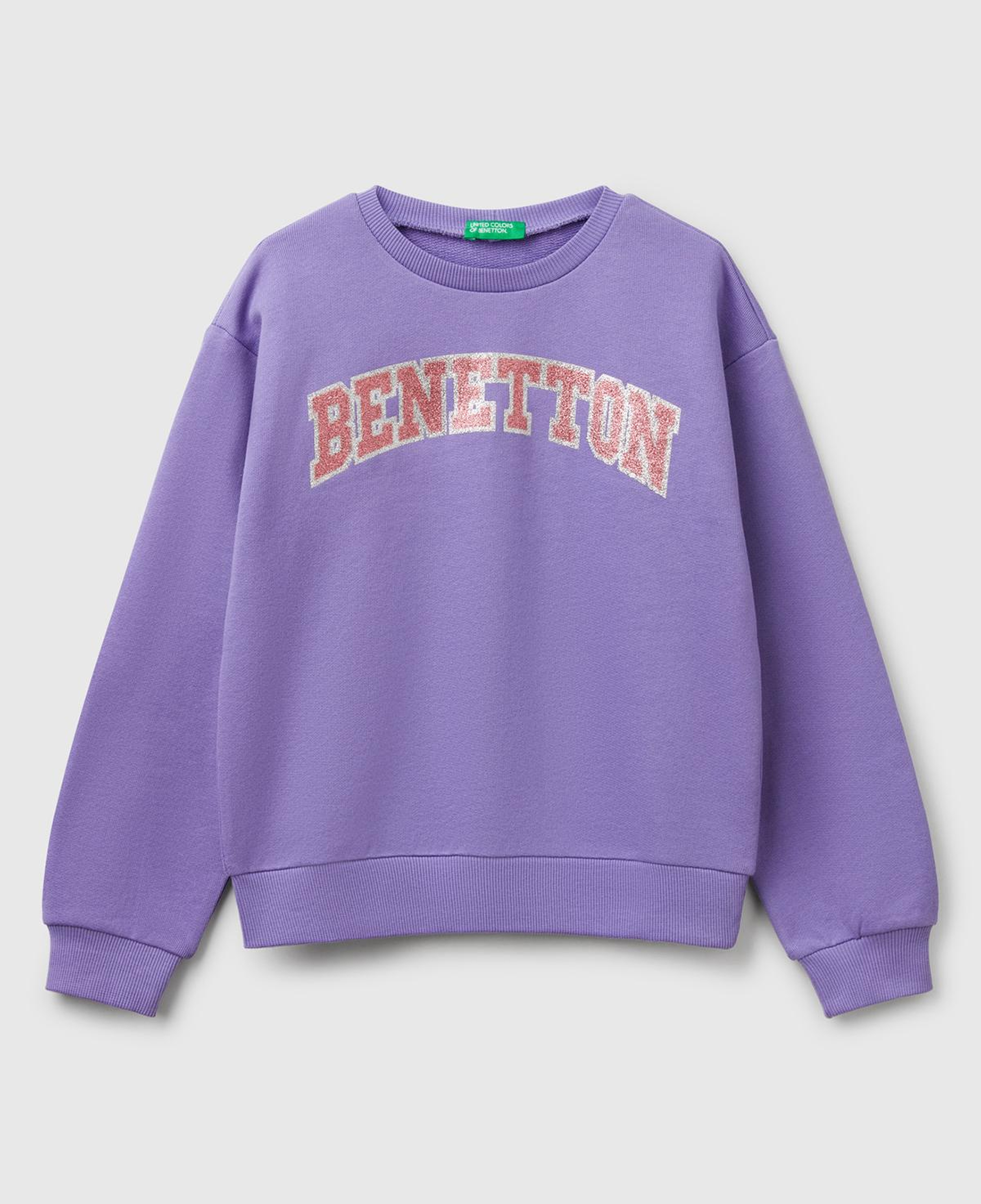 Kız Çocuk Mor Simli Benetton Logo Baskılı Bisiklet Yaka Sweatshirt