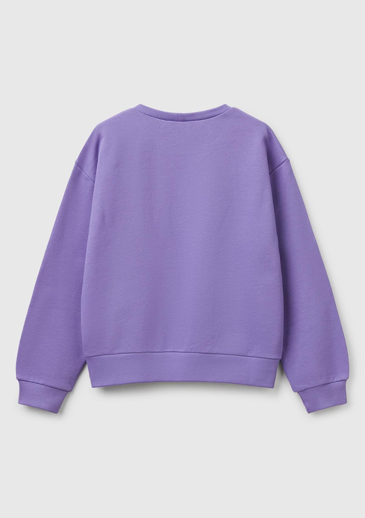 Kız Çocuk Mor Simli Benetton Logo Baskılı Bisiklet Yaka Sweatshirt