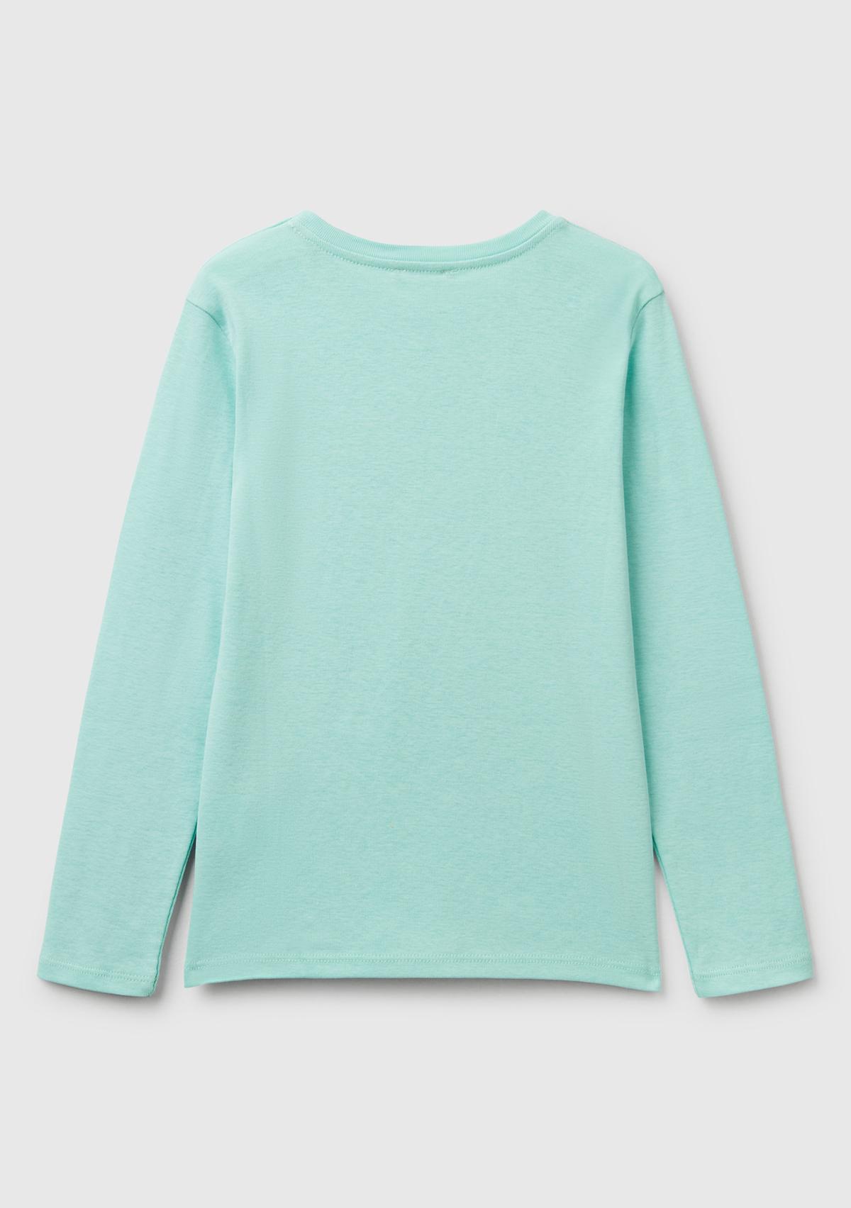 Kız Çocuk Su Yeşili Simli Benetton Logo Baskılı T-Shirt