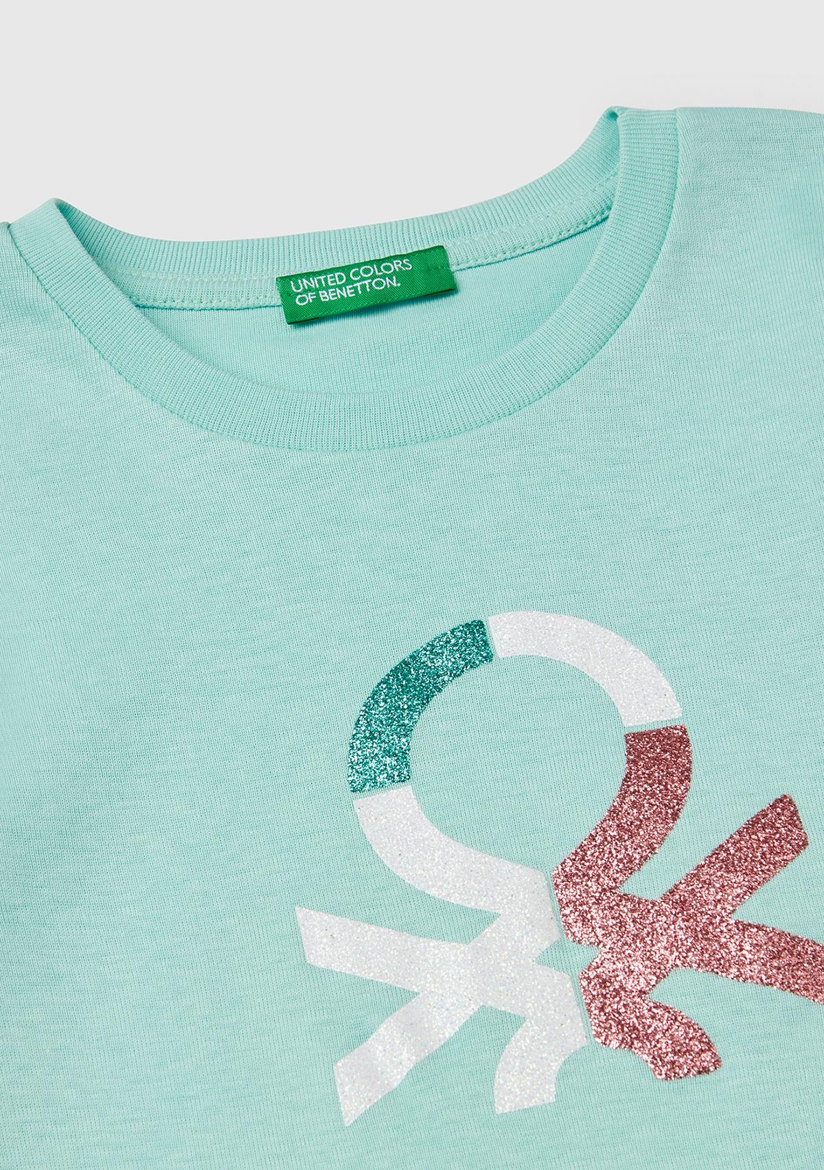 Kız Çocuk Su Yeşili Simli Benetton Logo Baskılı T-Shirt