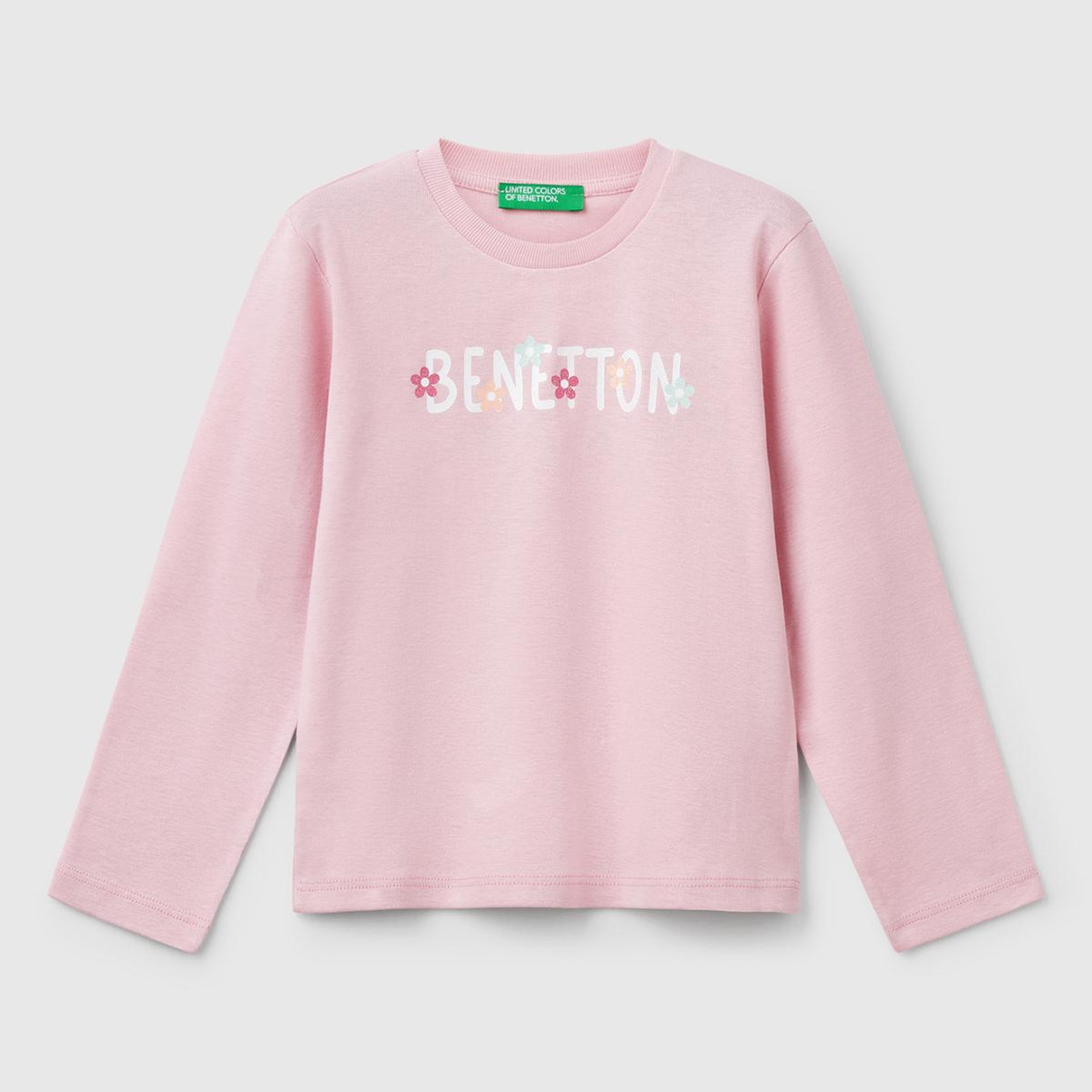 Kız Çocuk Pembe Simli Benetton Logo Baskılı T-Shirt