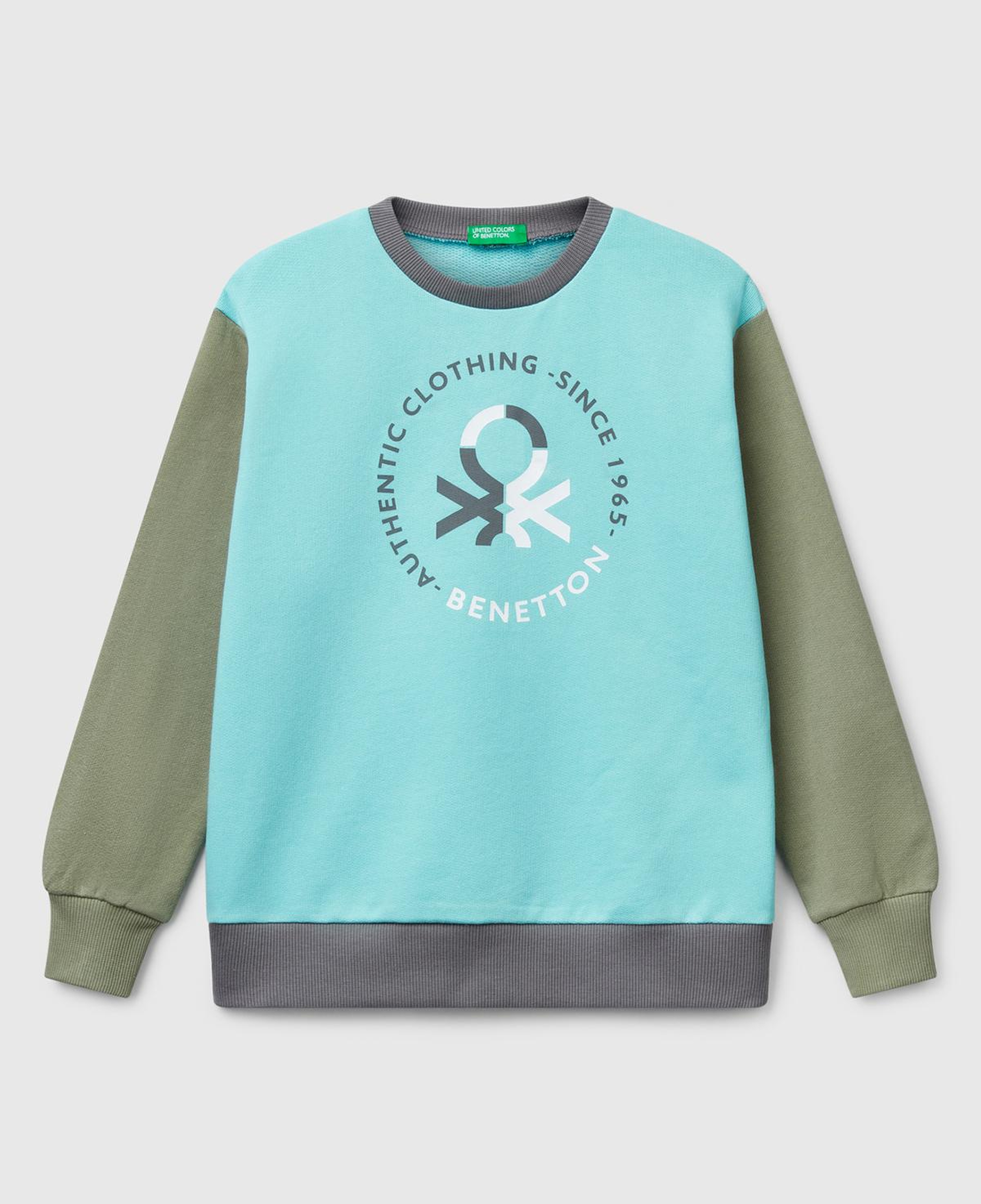 Erkek Çocuk Turkuaz Mix Benetton Logo Baskılı Bisiklet Yaka Sweatshirt