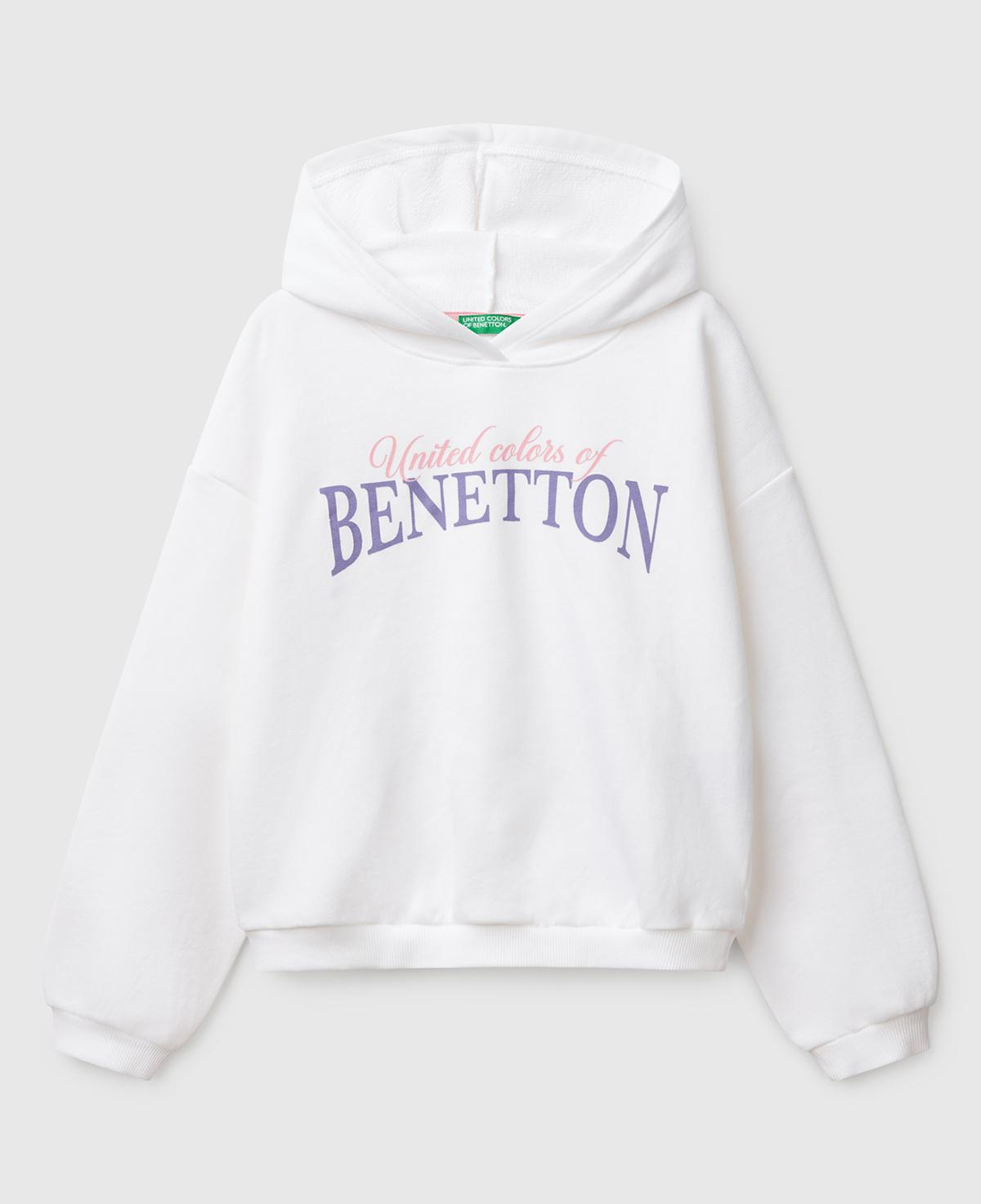Kız Çocuk Beyaz Benetton Logo Baskılı Kapüşonlu Sweatshirt