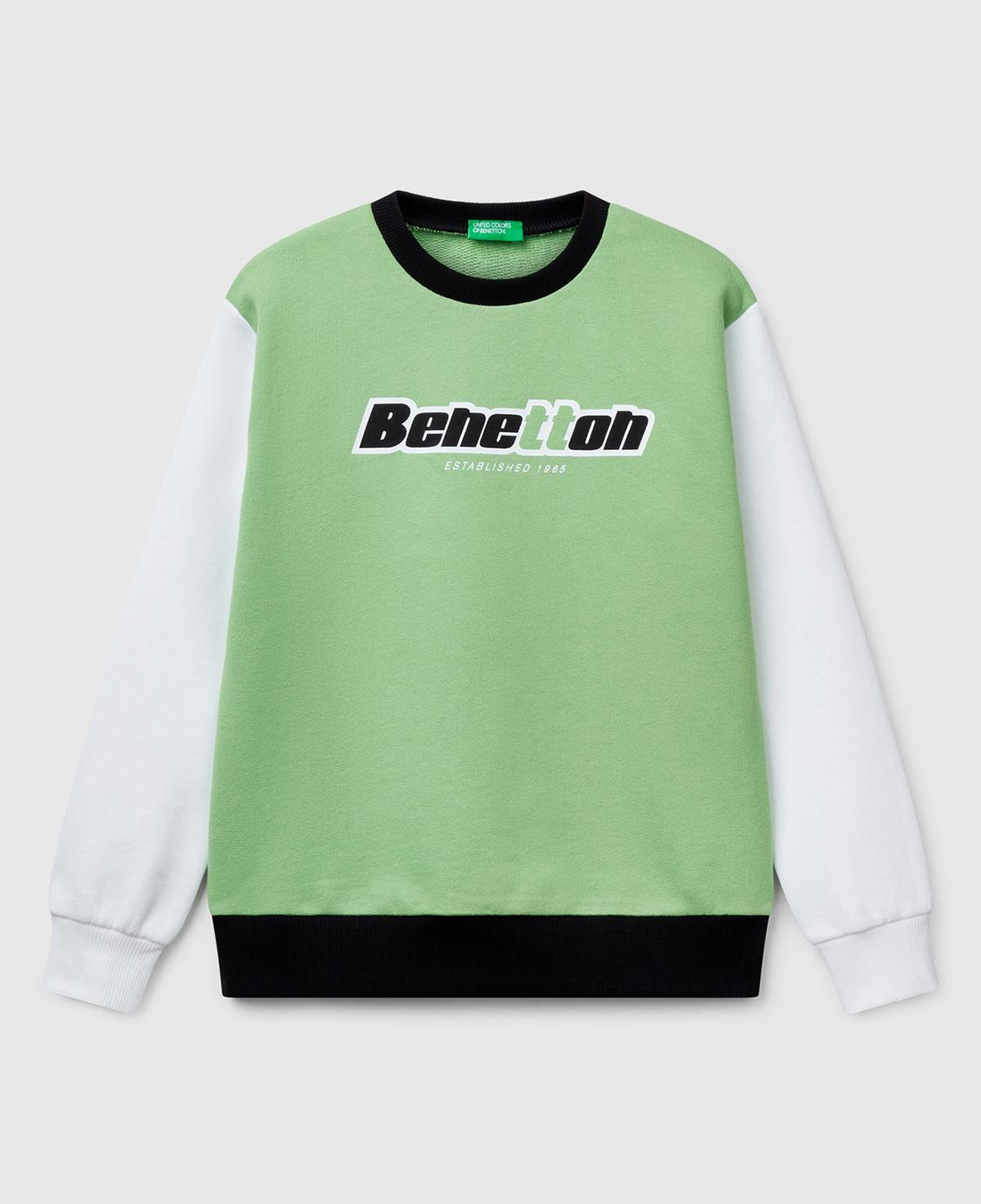 Erkek Çocuk Fıstık Yeşili Mix Benetton Logo Baskılı Bisiklet Yaka Sweatshirt