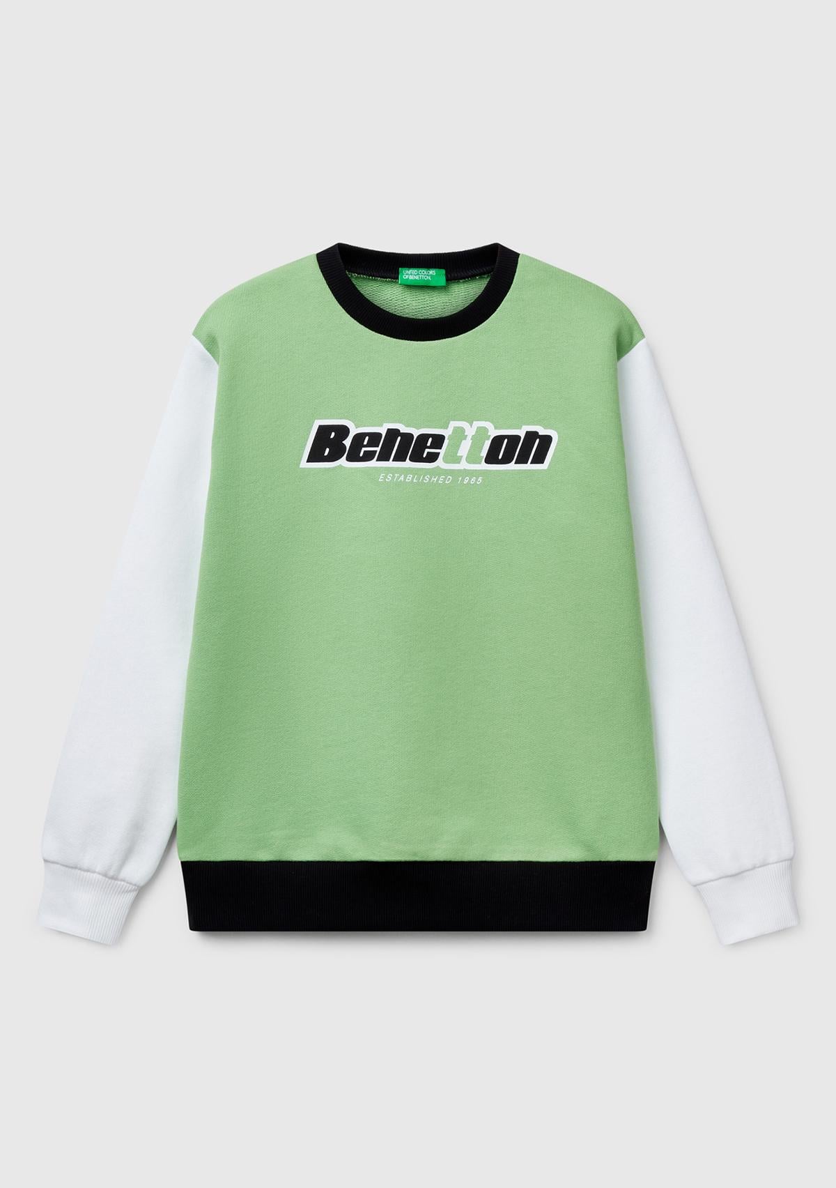 Erkek Çocuk Fıstık Yeşili Mix Benetton Logo Baskılı Bisiklet Yaka Sweatshirt
