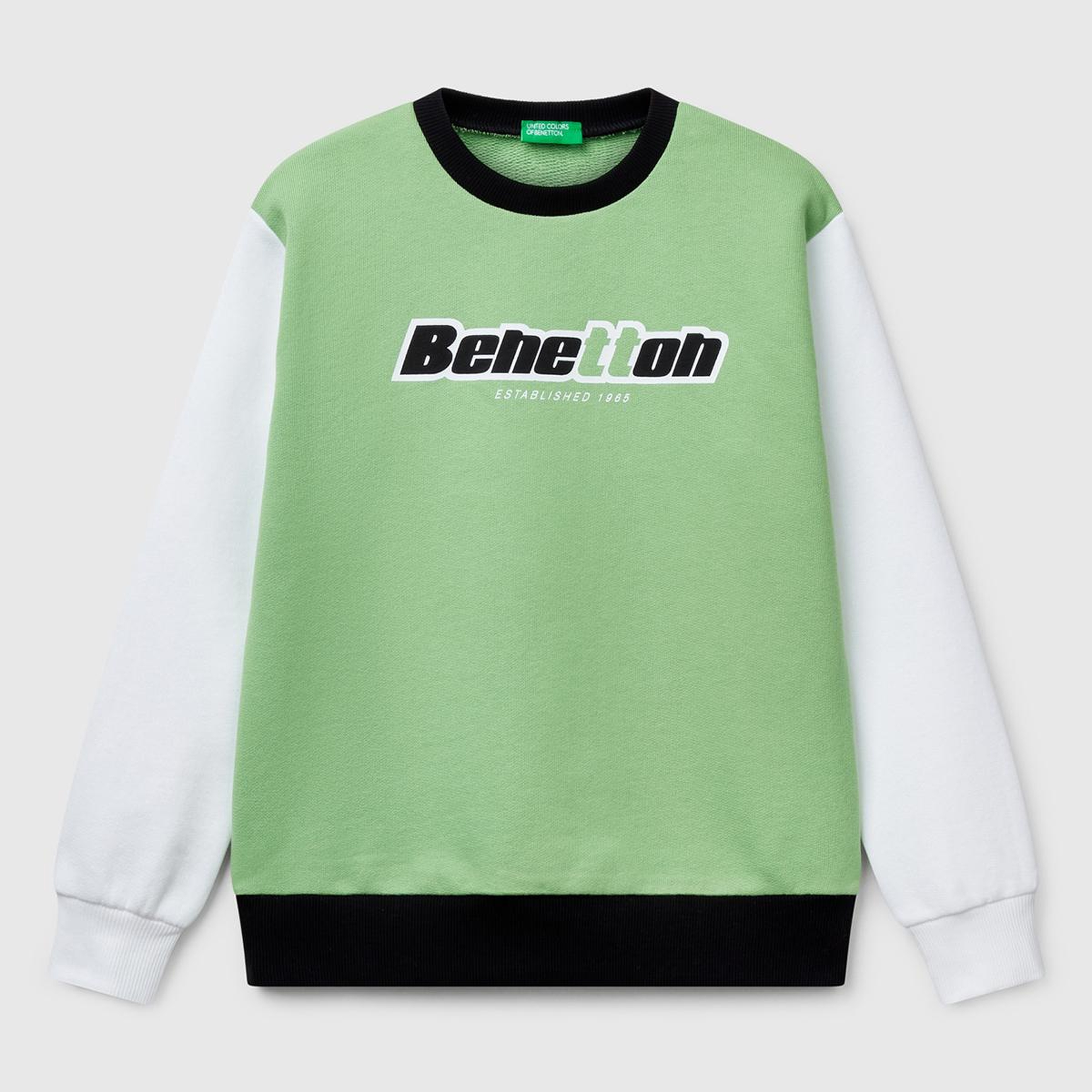 Erkek Çocuk Fıstık Yeşili Mix Benetton Logo Baskılı Bisiklet Yaka Sweatshirt