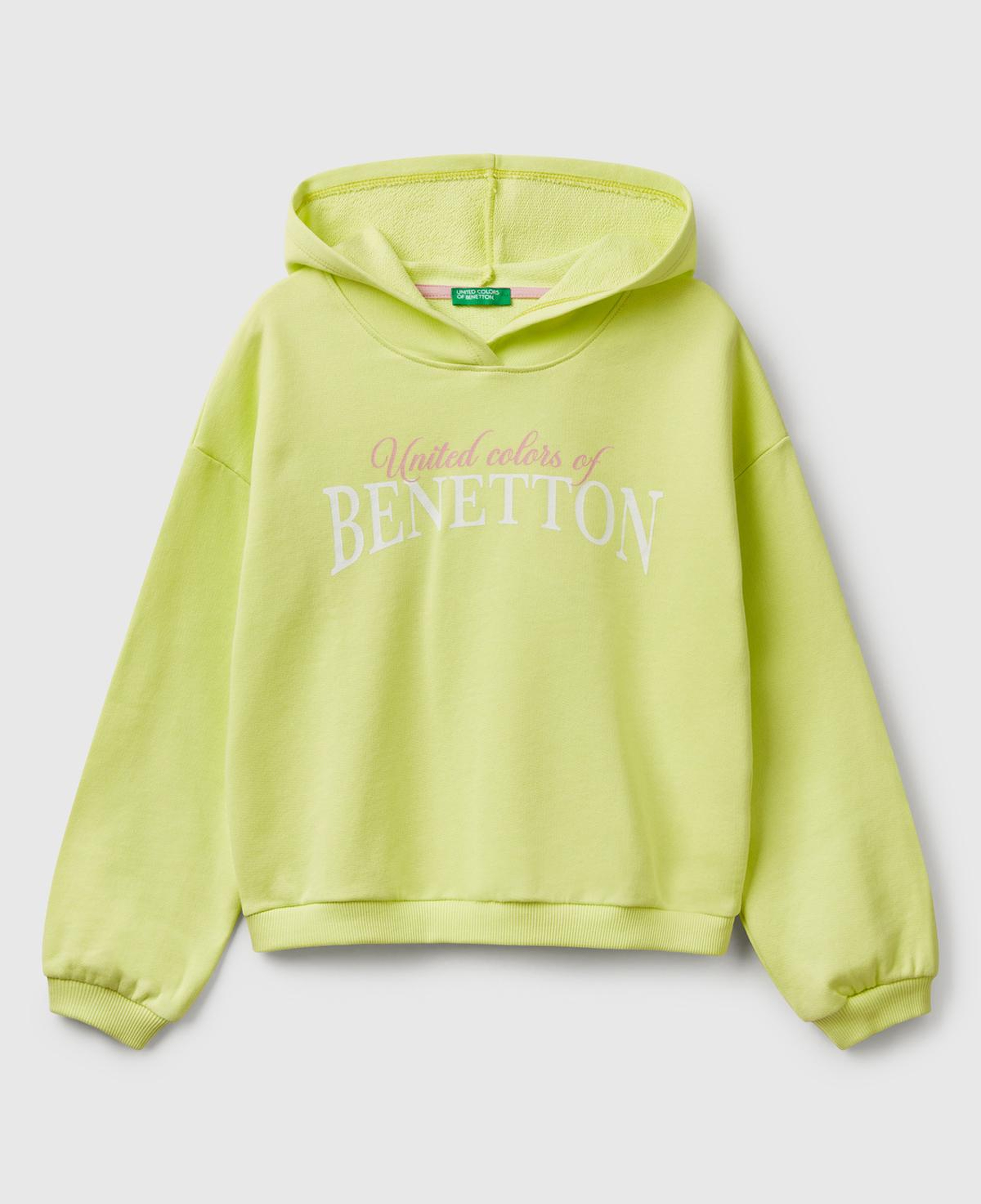 Kız Çocuk Sarı Benetton Logo Baskılı Kapüşonlu Sweatshirt