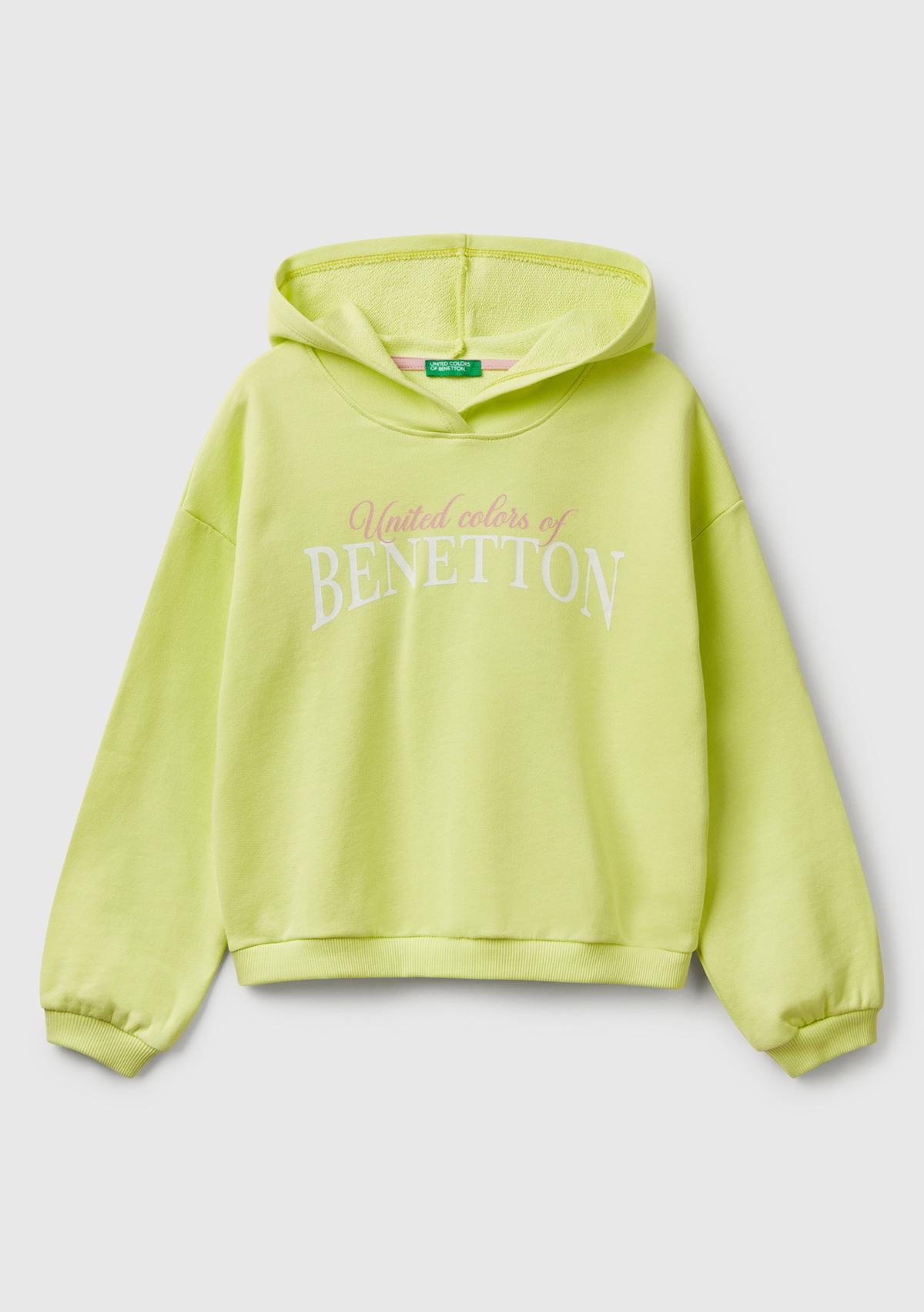 Kız Çocuk Sarı Benetton Logo Baskılı Kapüşonlu Sweatshirt
