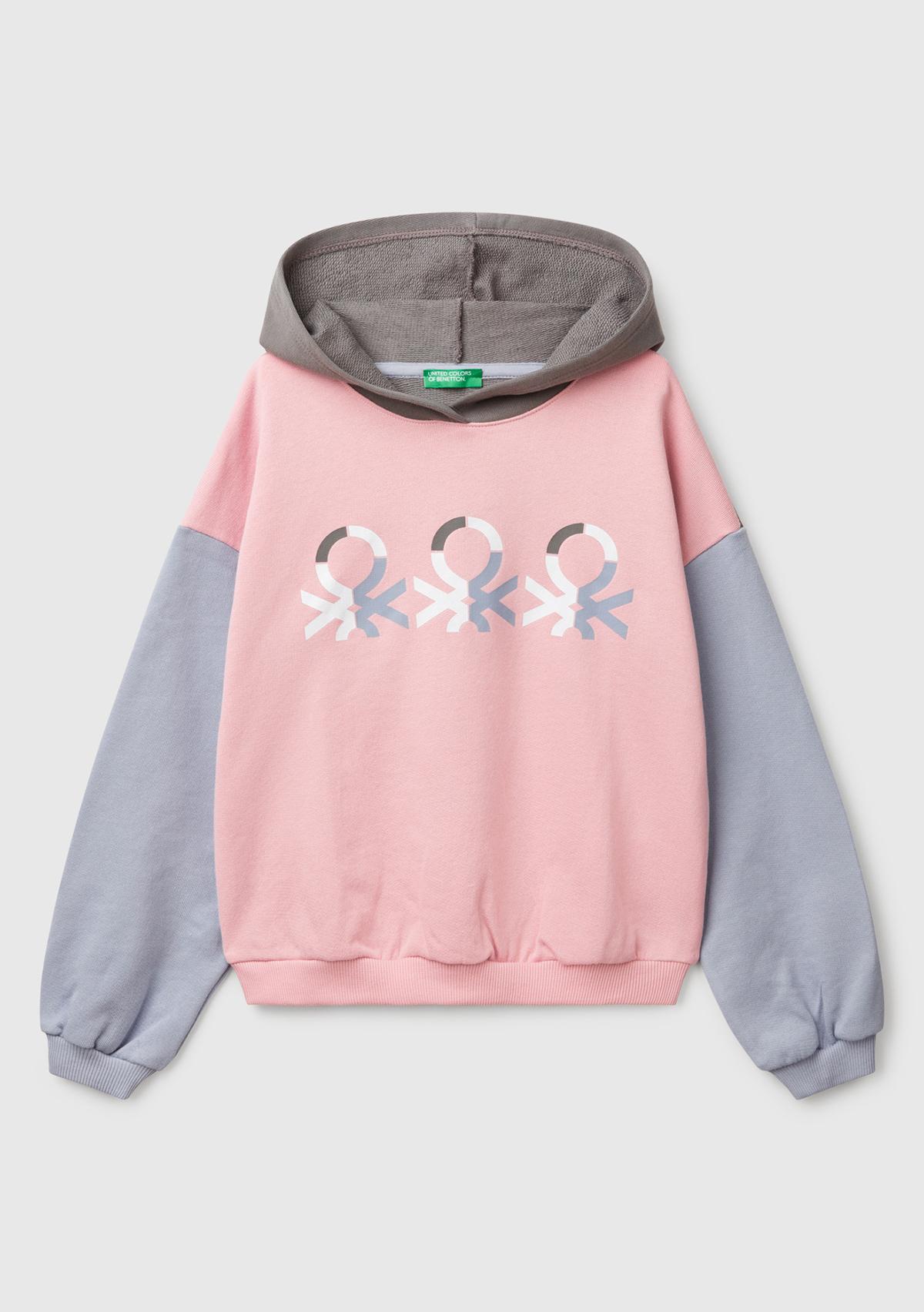 Kız Çocuk Pembe Mix Benetton Logo Baskılı Kapüşonlu Sweatshirt
