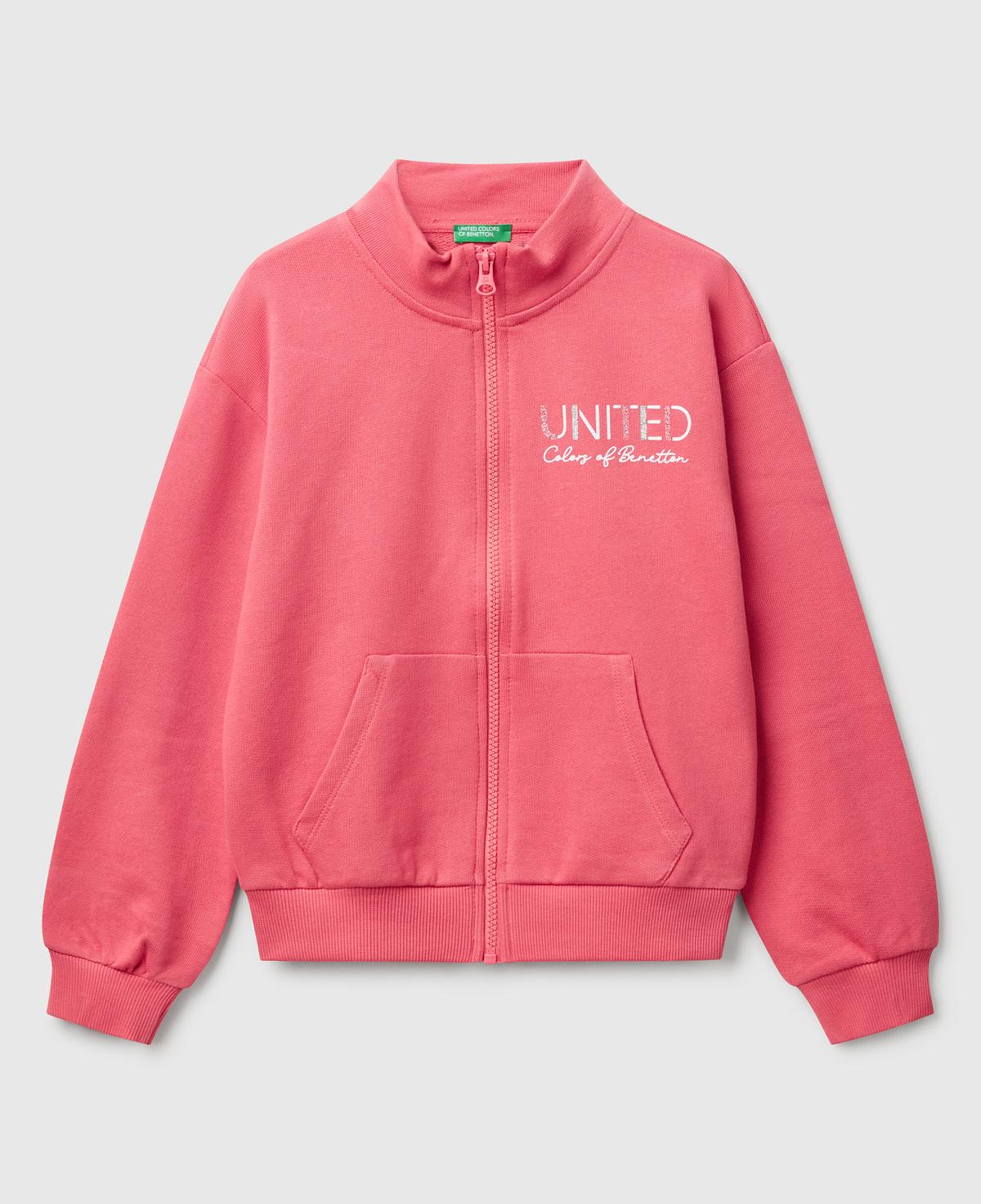 Kız Çocuk Fuşya Simli Benetton Logo İşlemeli Fermuarlı Sweatshirt