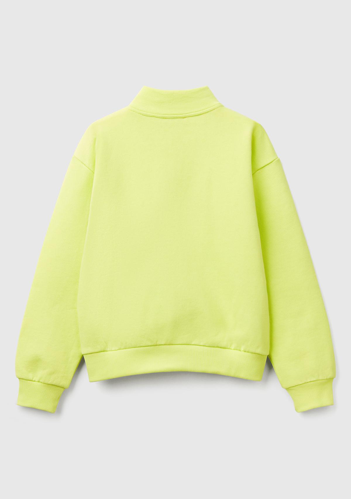 Kız Çocuk Sarı Simli Benetton Logo İşlemeli Fermuarlı Sweatshirt