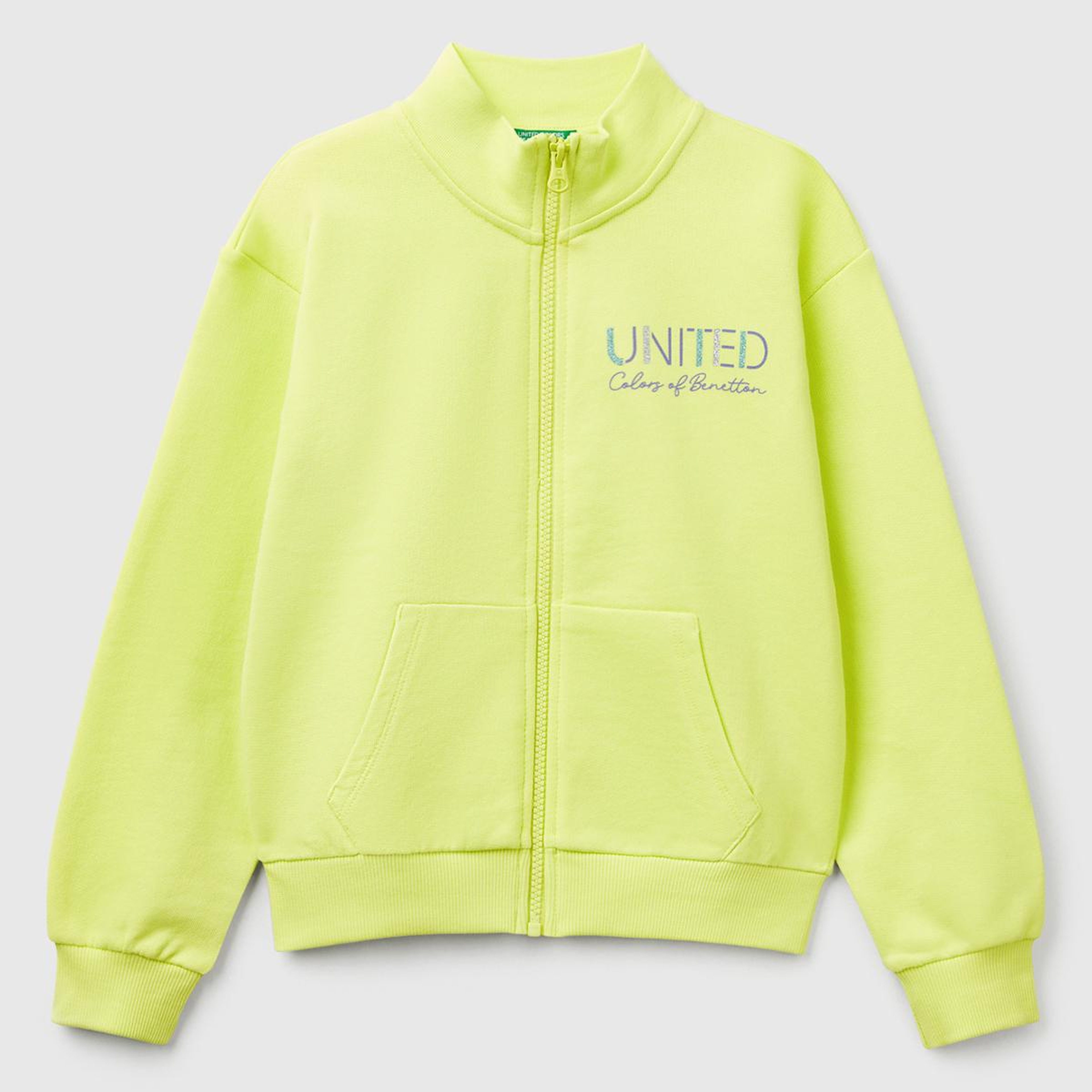 Kız Çocuk Sarı Simli Benetton Logo İşlemeli Fermuarlı Sweatshirt