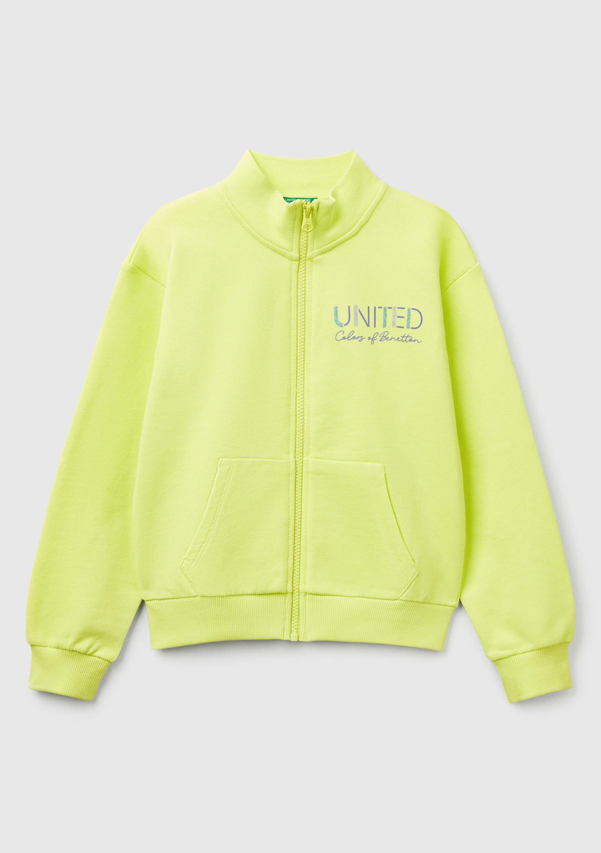 Kız Çocuk Sarı Simli Benetton Logo İşlemeli Fermuarlı Sweatshirt
