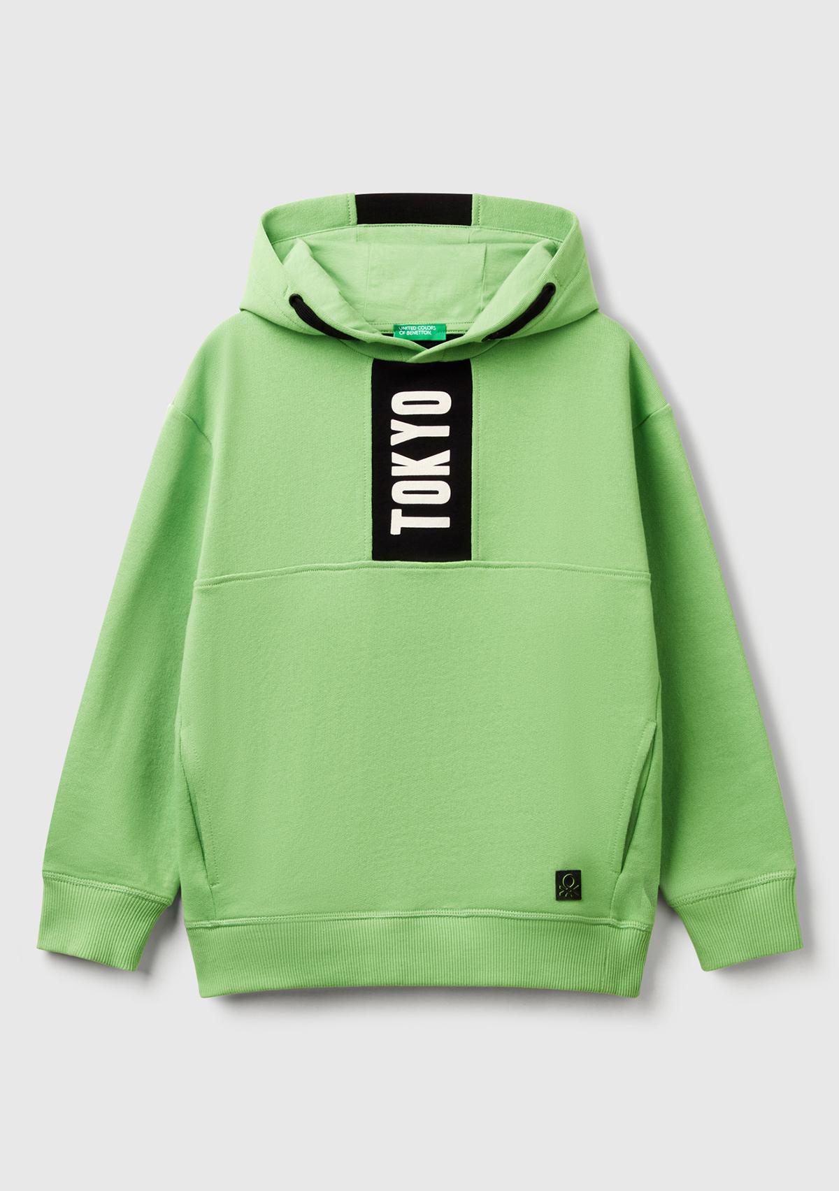 Erkek Çocuk Fıstık Yeşili Baskı Şerit Detaylı Logo Etiketli Kapüşonlu Sweatshirt