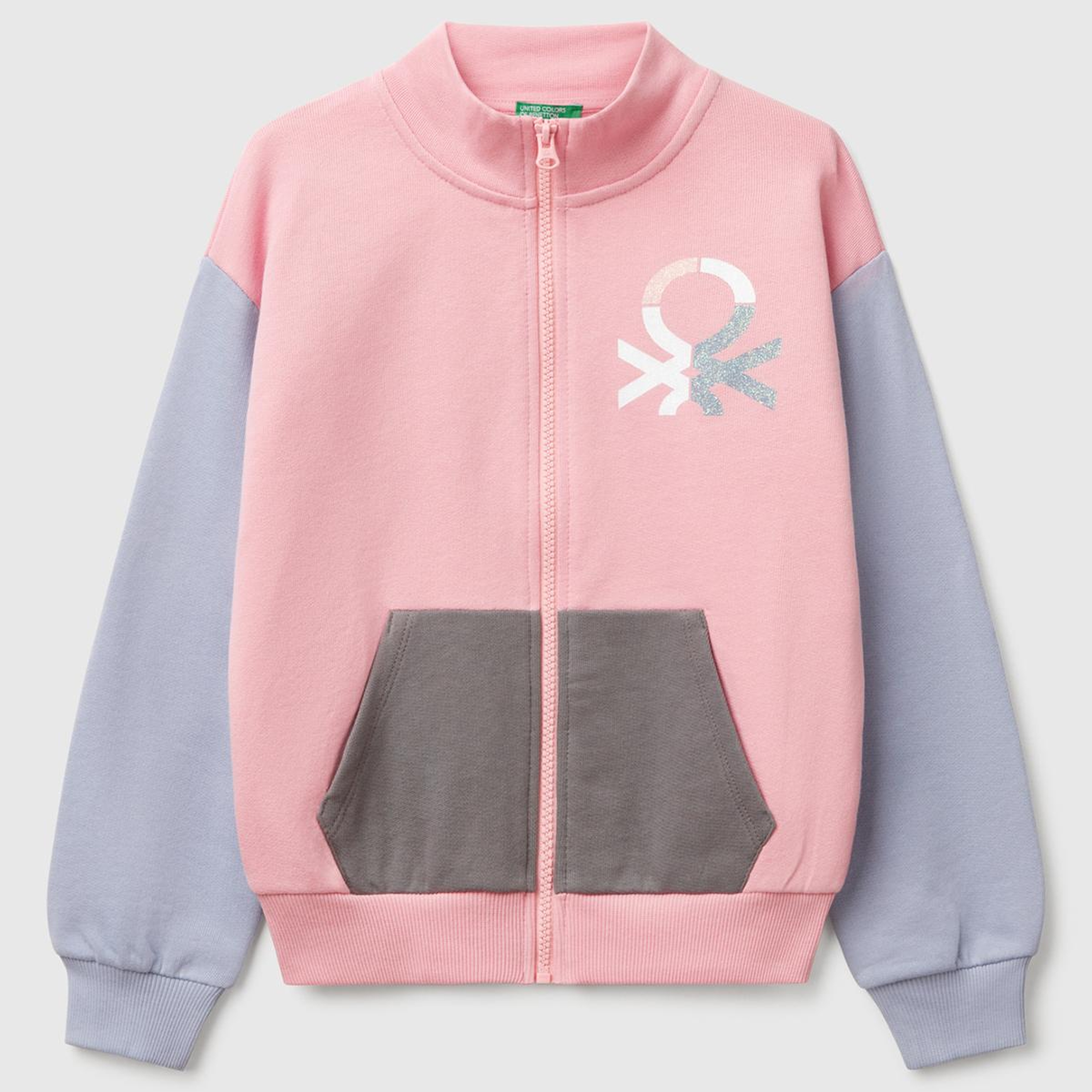 Kız Çocuk Pembe Mix Simli Benetton Logo İşlemeli Fermuarlı Sweatshirt