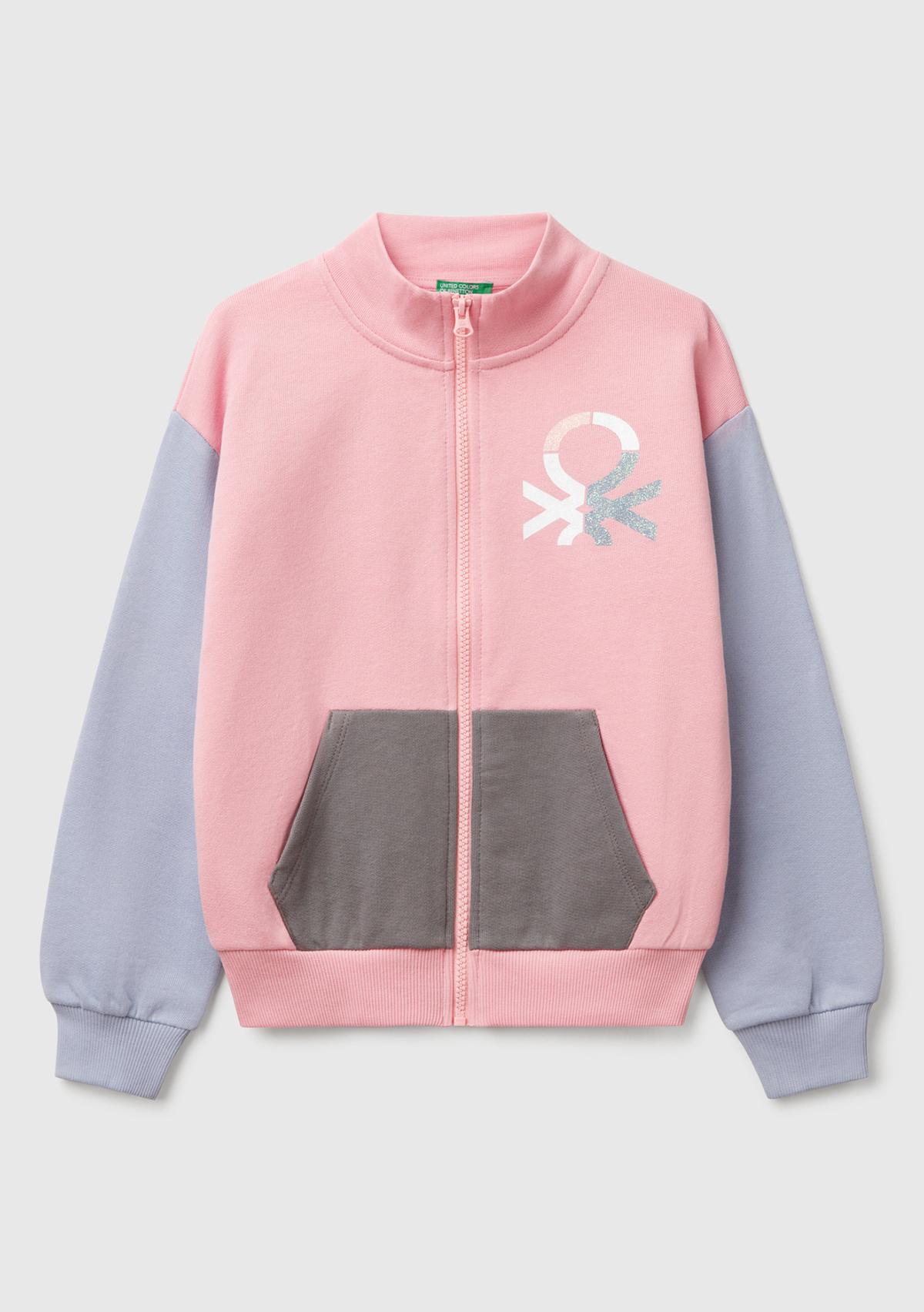Kız Çocuk Pembe Mix Simli Benetton Logo İşlemeli Fermuarlı Sweatshirt
