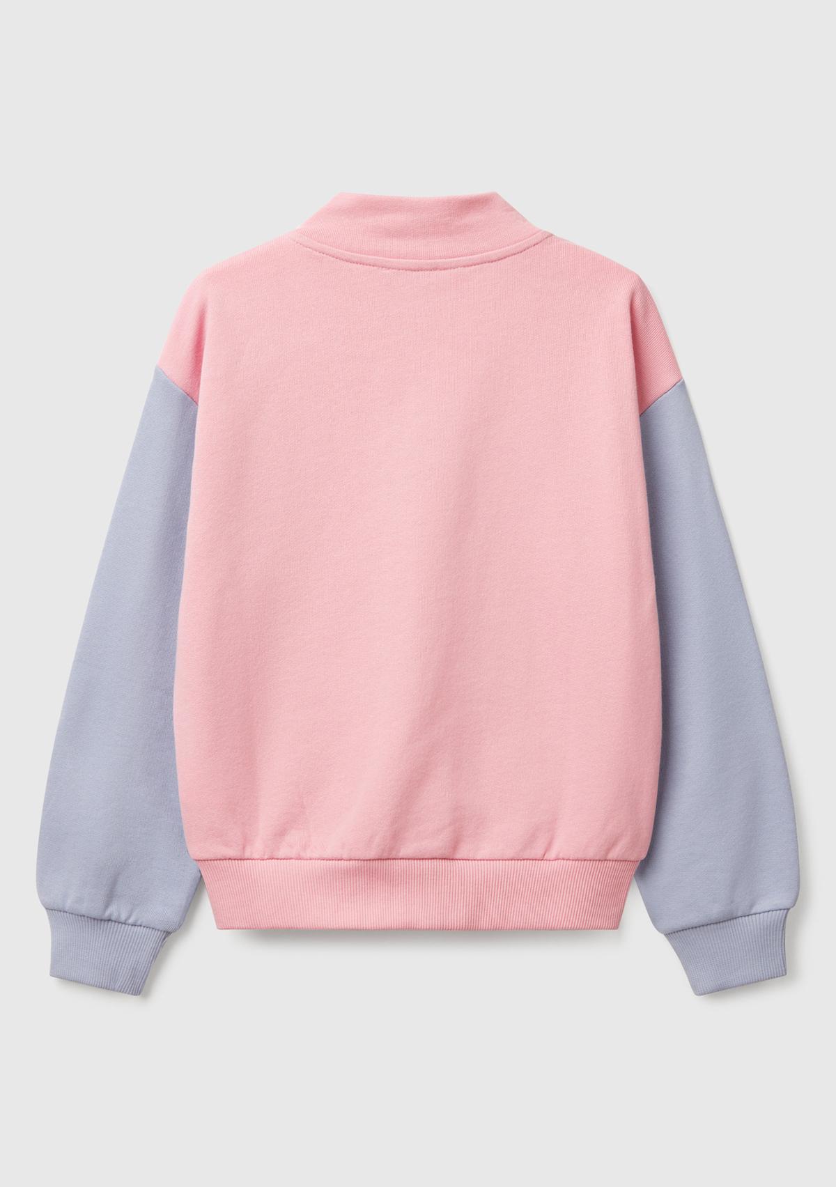 Kız Çocuk Pembe Mix Simli Benetton Logo İşlemeli Fermuarlı Sweatshirt