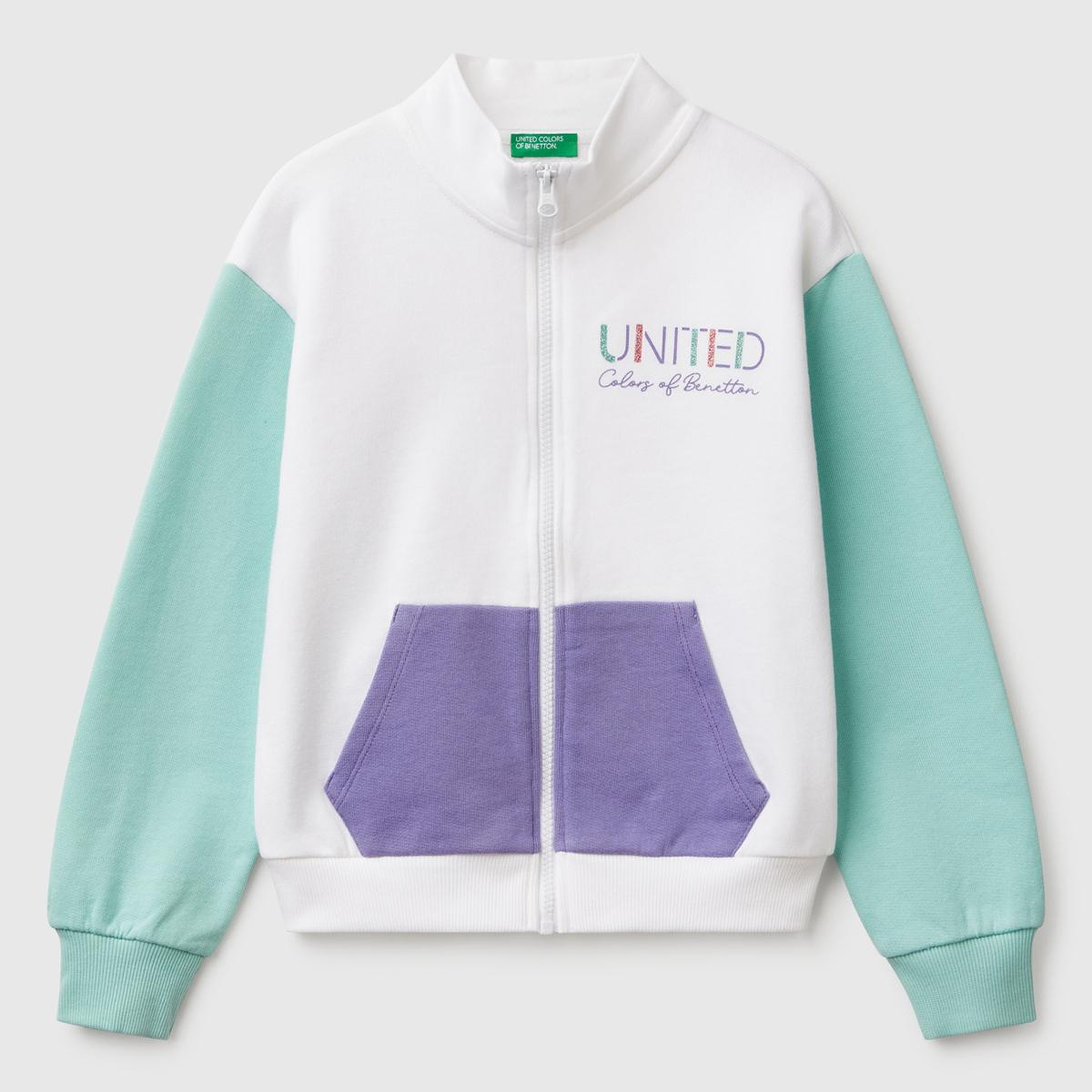 Kız Çocuk Beyaz Mix Simli Benetton Logo İşlemeli Fermuarlı Sweatshirt