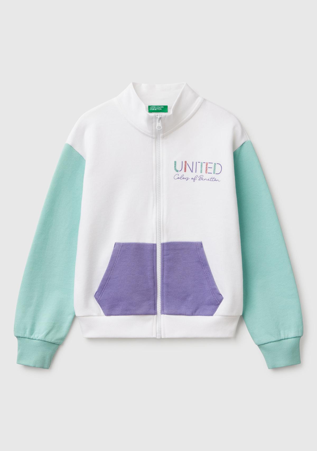 Kız Çocuk Beyaz Mix Simli Benetton Logo İşlemeli Fermuarlı Sweatshirt