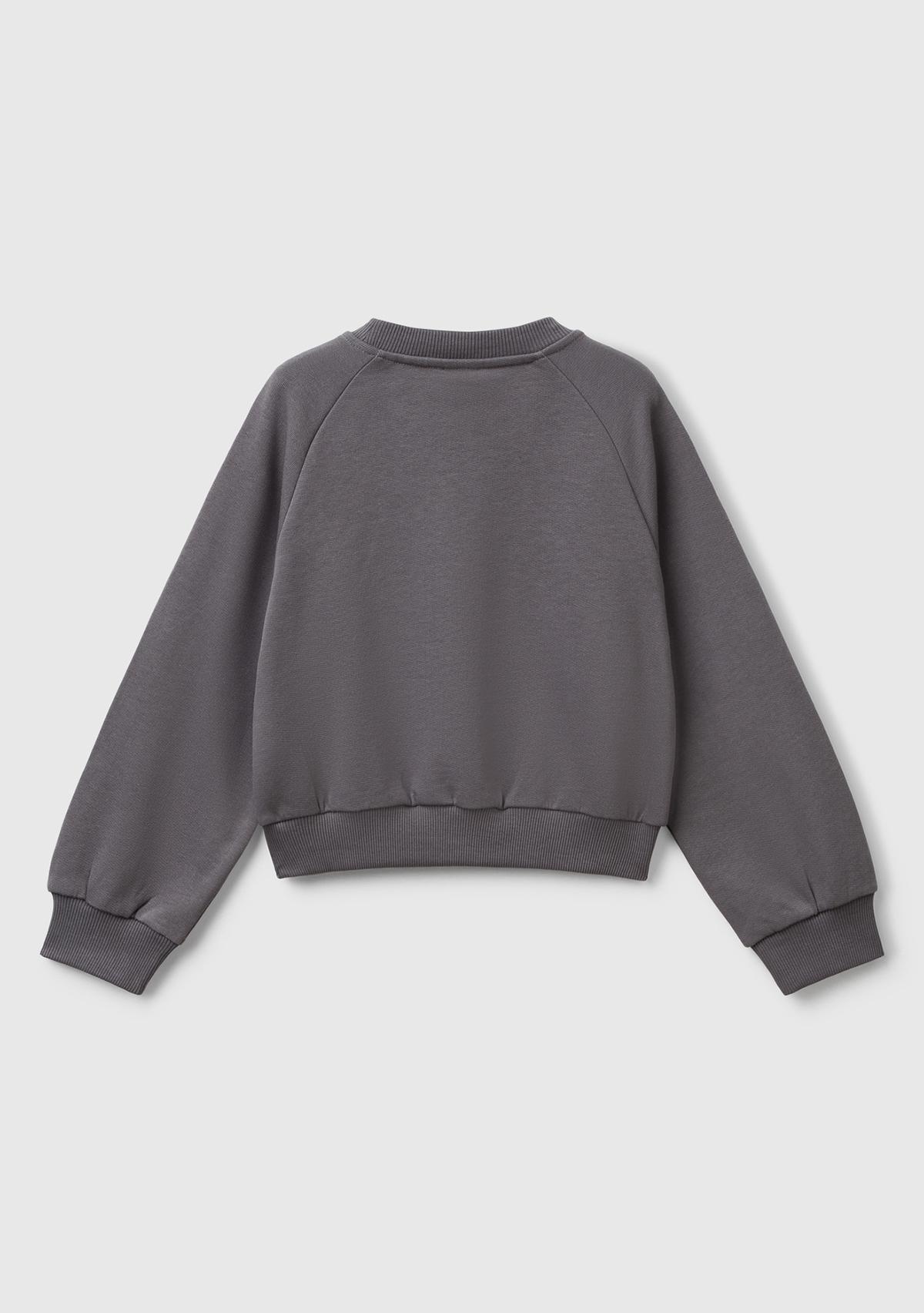 Kız Çocuk Antrasit Önü Taş Detaylı Ribanalı Bisiklet Yaka Sweatshirt