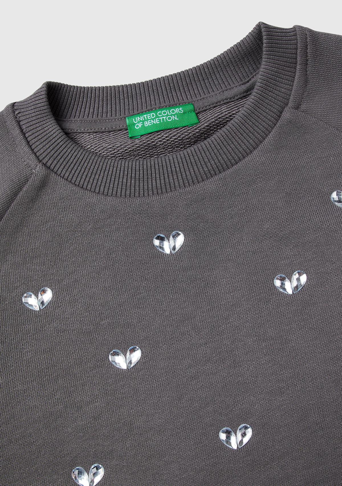 Kız Çocuk Antrasit Önü Taş Detaylı Ribanalı Bisiklet Yaka Sweatshirt