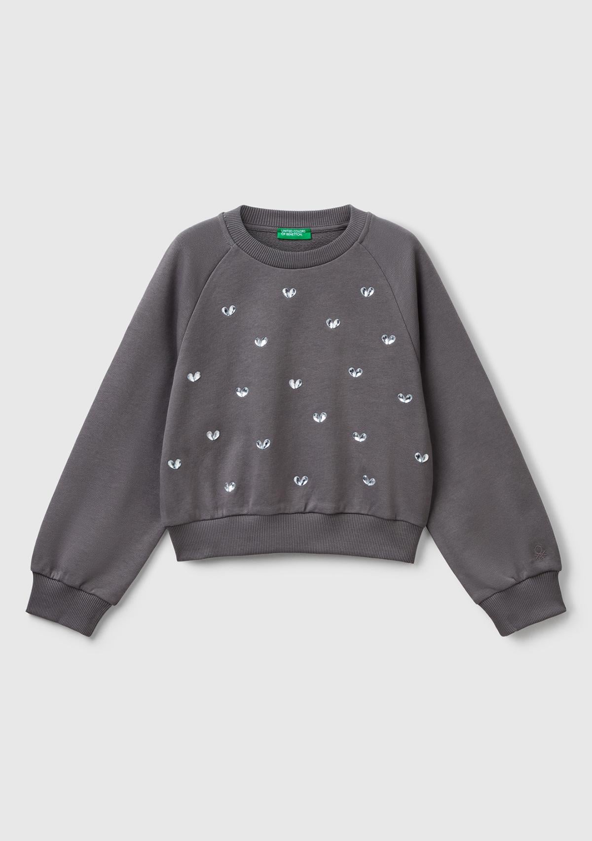Kız Çocuk Antrasit Önü Taş Detaylı Ribanalı Bisiklet Yaka Sweatshirt