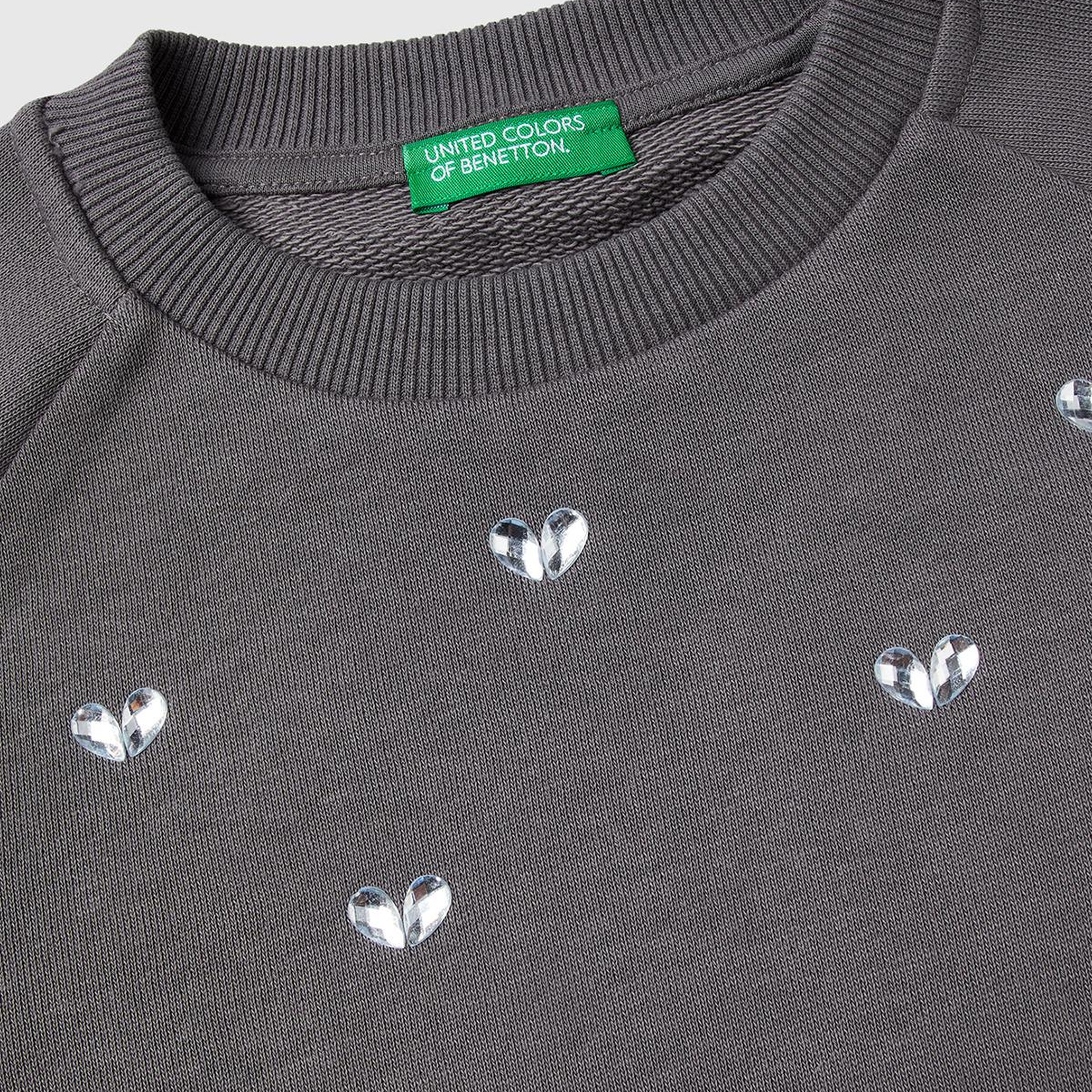 Kız Çocuk Antrasit Önü Taş Detaylı Ribanalı Bisiklet Yaka Sweatshirt