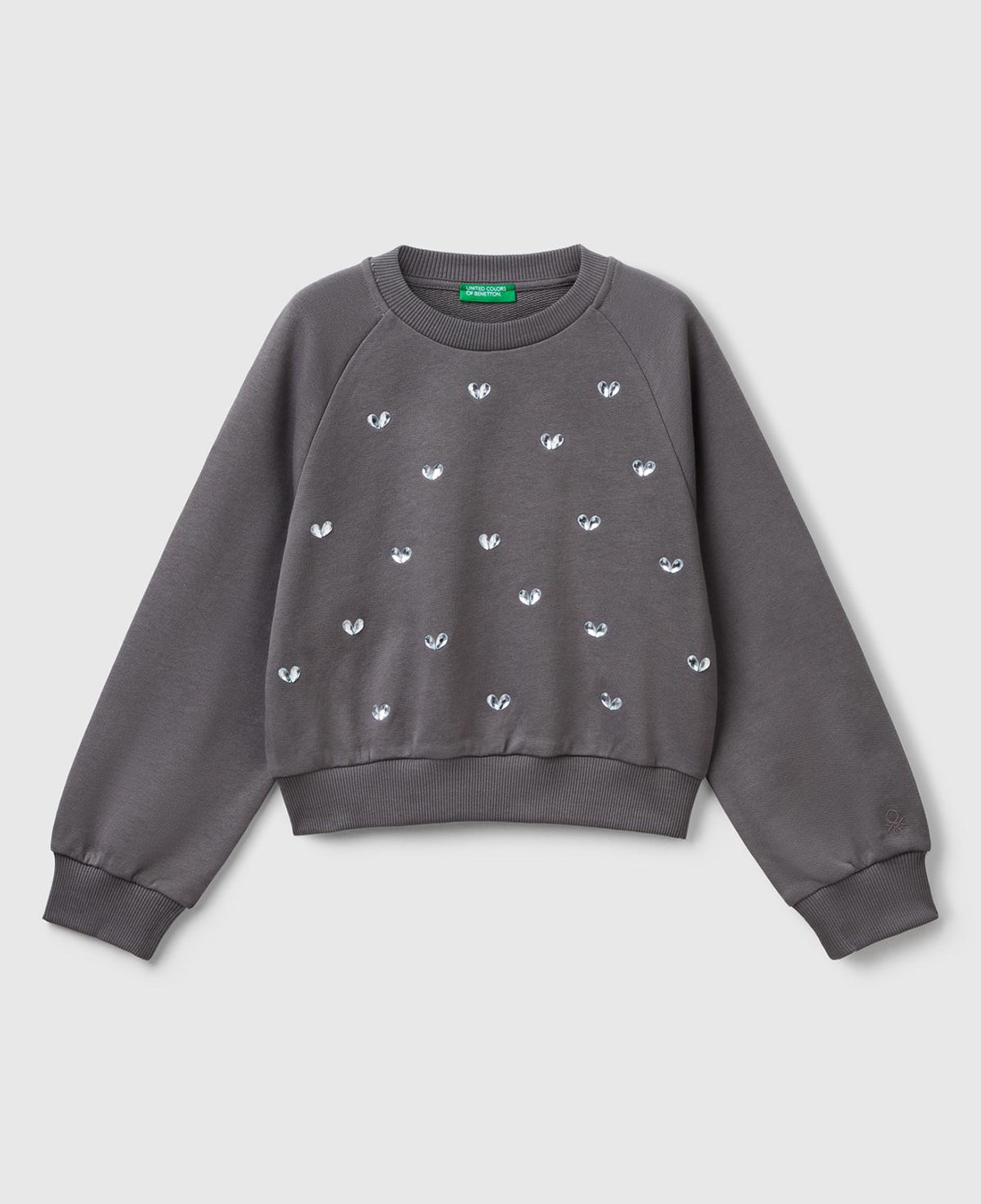 Kız Çocuk Antrasit Önü Taş Detaylı Ribanalı Bisiklet Yaka Sweatshirt