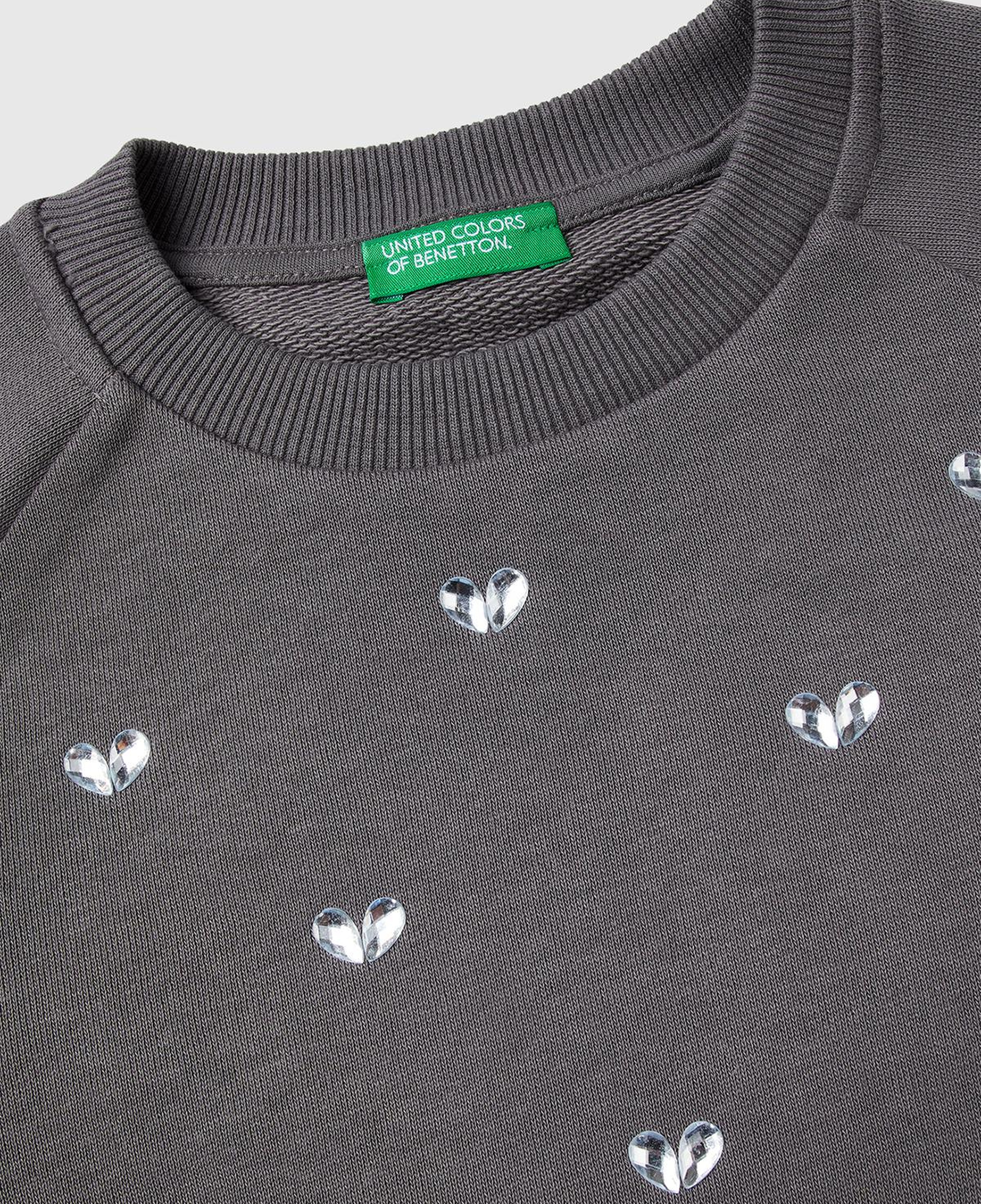 Kız Çocuk Antrasit Önü Taş Detaylı Ribanalı Bisiklet Yaka Sweatshirt