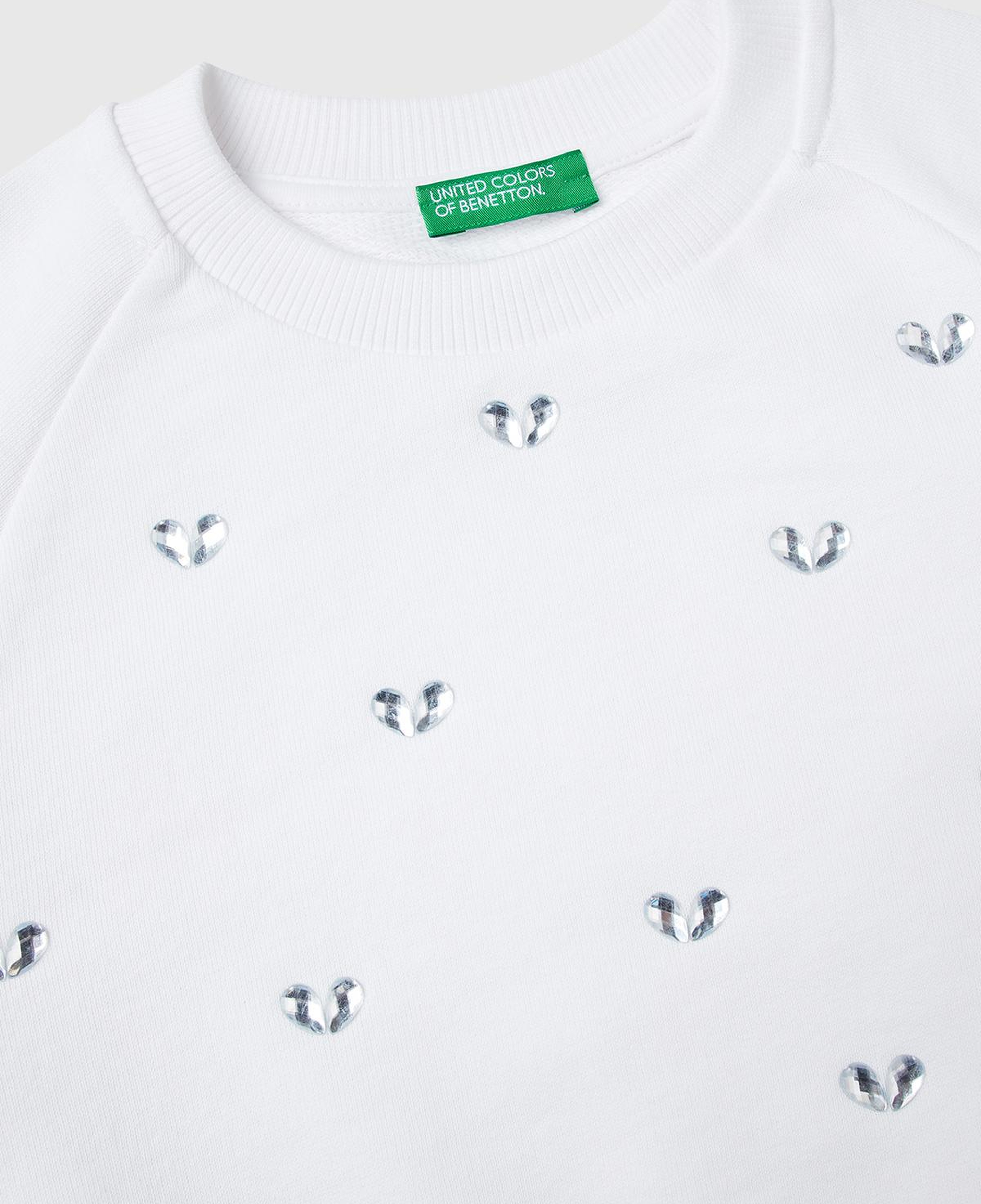 Kız Çocuk Beyaz Önü Taş Detaylı Ribanalı Bisiklet Yaka Sweatshirt